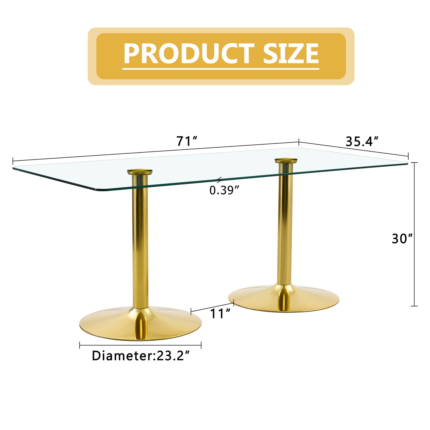 Modern Minimalist Glass Dining Table - 71x35.4 Inches, Gold Legs
