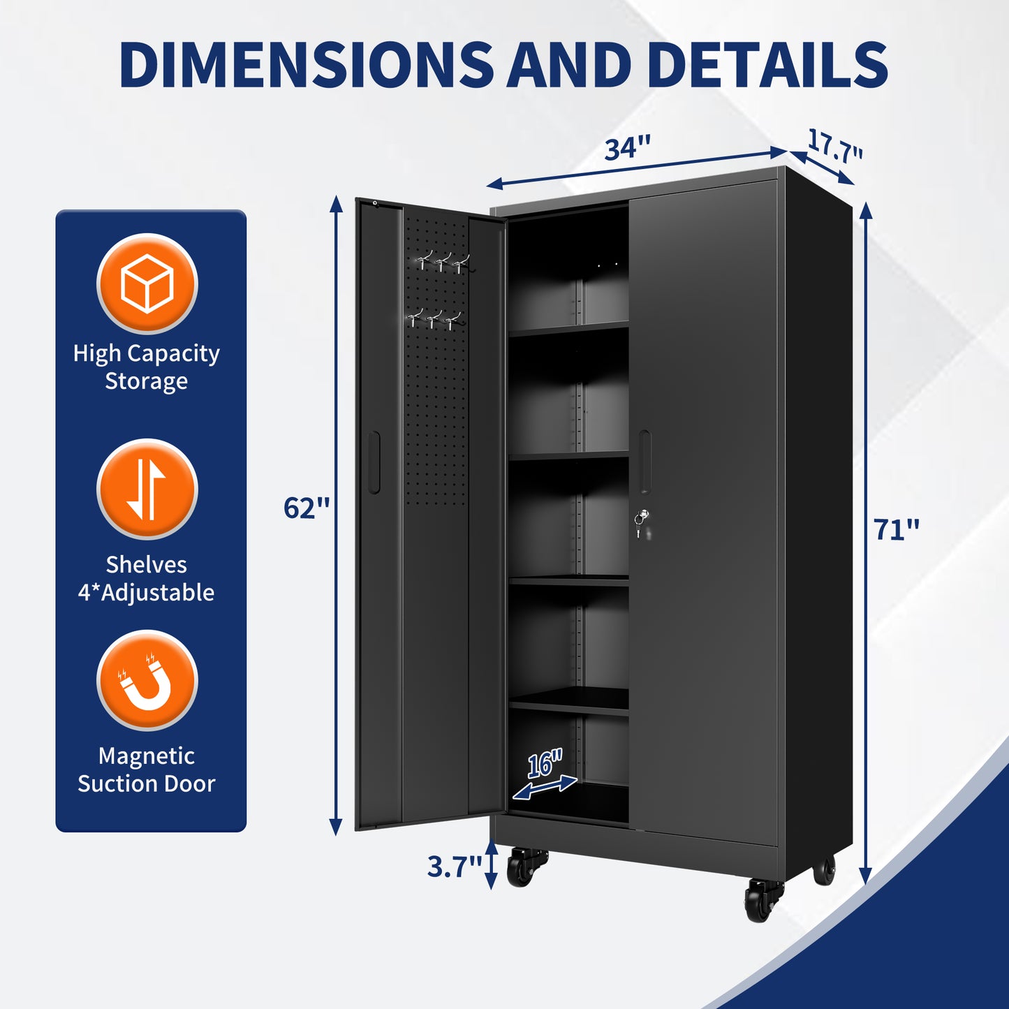 Heavy Duty Metal Storage Cabinet With Doors And Wheels, 71 Tall