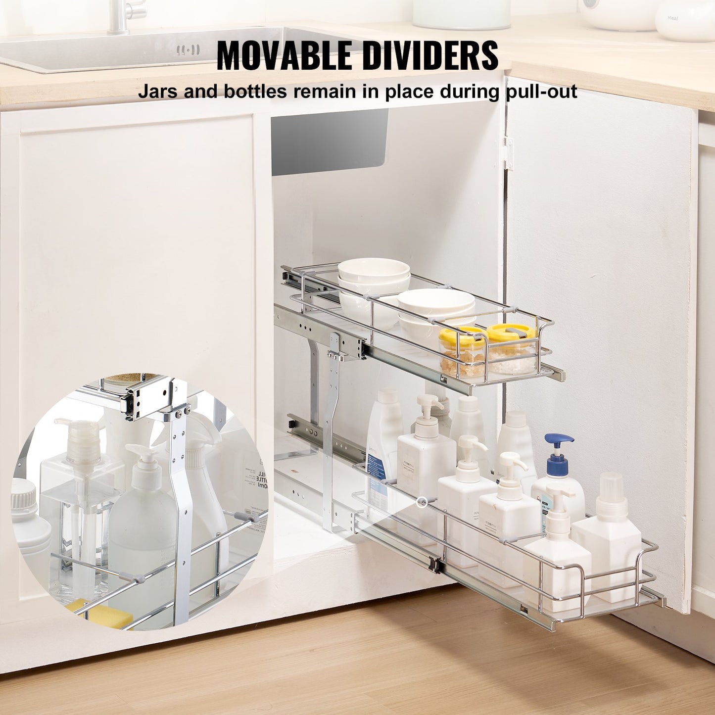 Pull Out Under Sink Organizer - 2-Tier Wire Basket 8.5"W x 21"D x 15"H