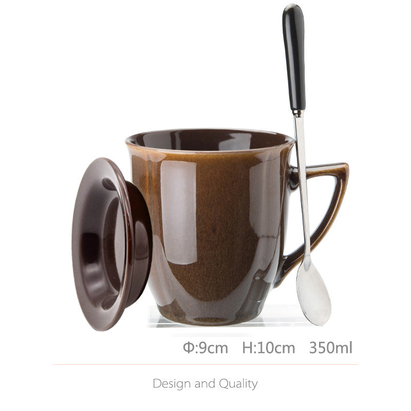 Large Capacity Ceramic Cup with Lid and Spoon - Retro Kitchen Accessory