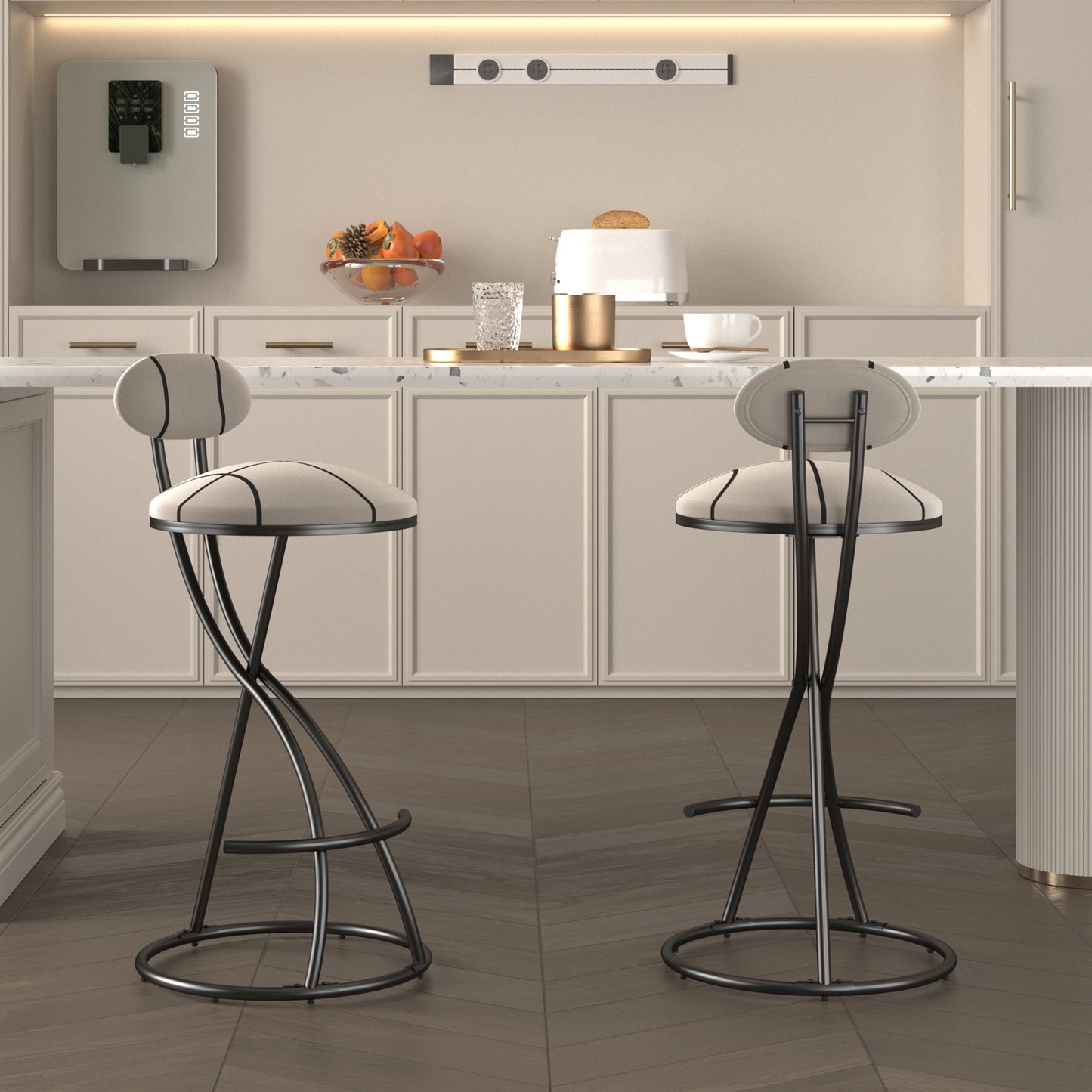 Modern Velvet Upholstered Bar Stools Set of 2 - Black Stripe