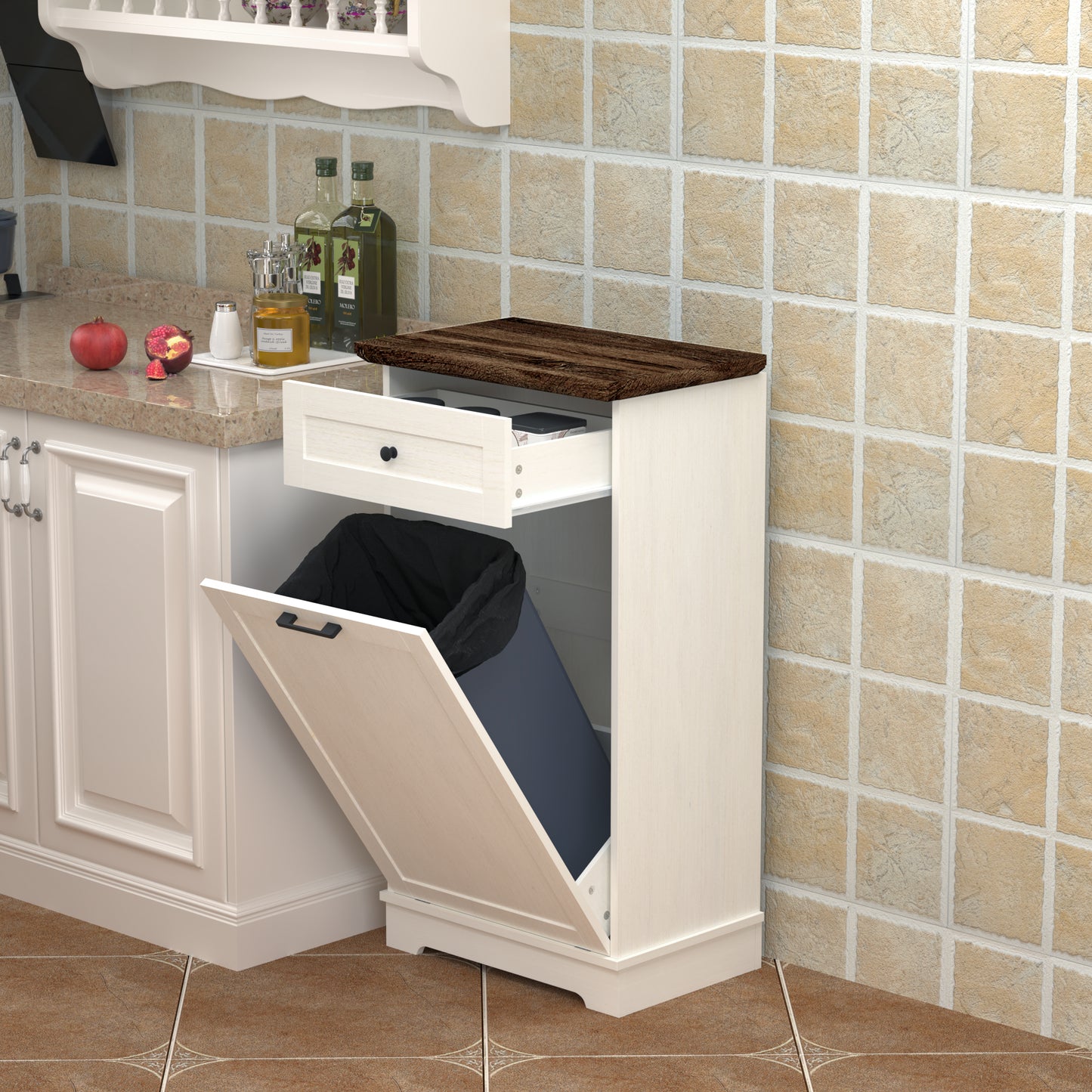 Tilt-Out Trash Cabinet - Freestanding Wood Recycling Bin with Drawer, Antique Brown & White