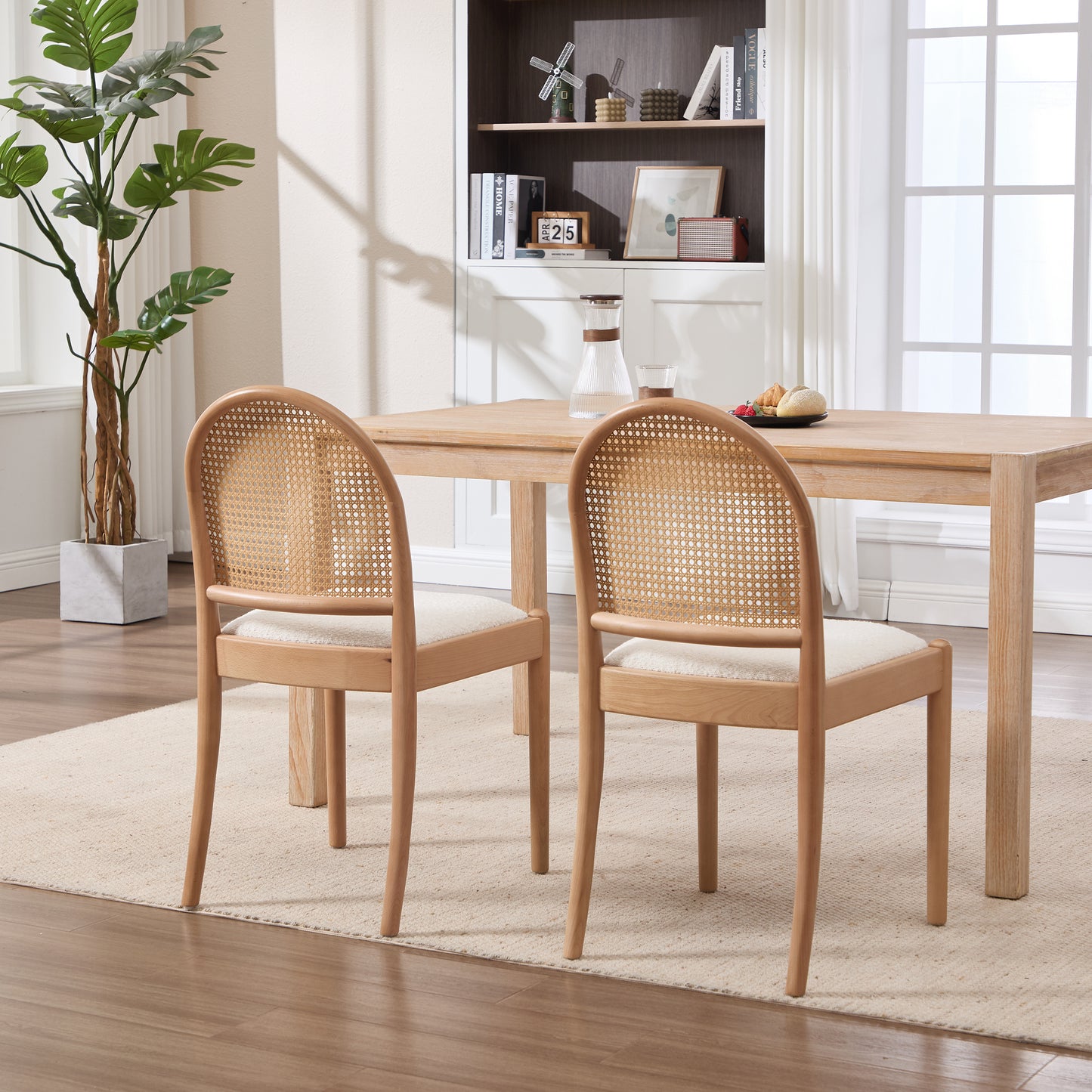 Beige Rattan Dining Chairs Set of 2 - Upholstered Kitchen Seating