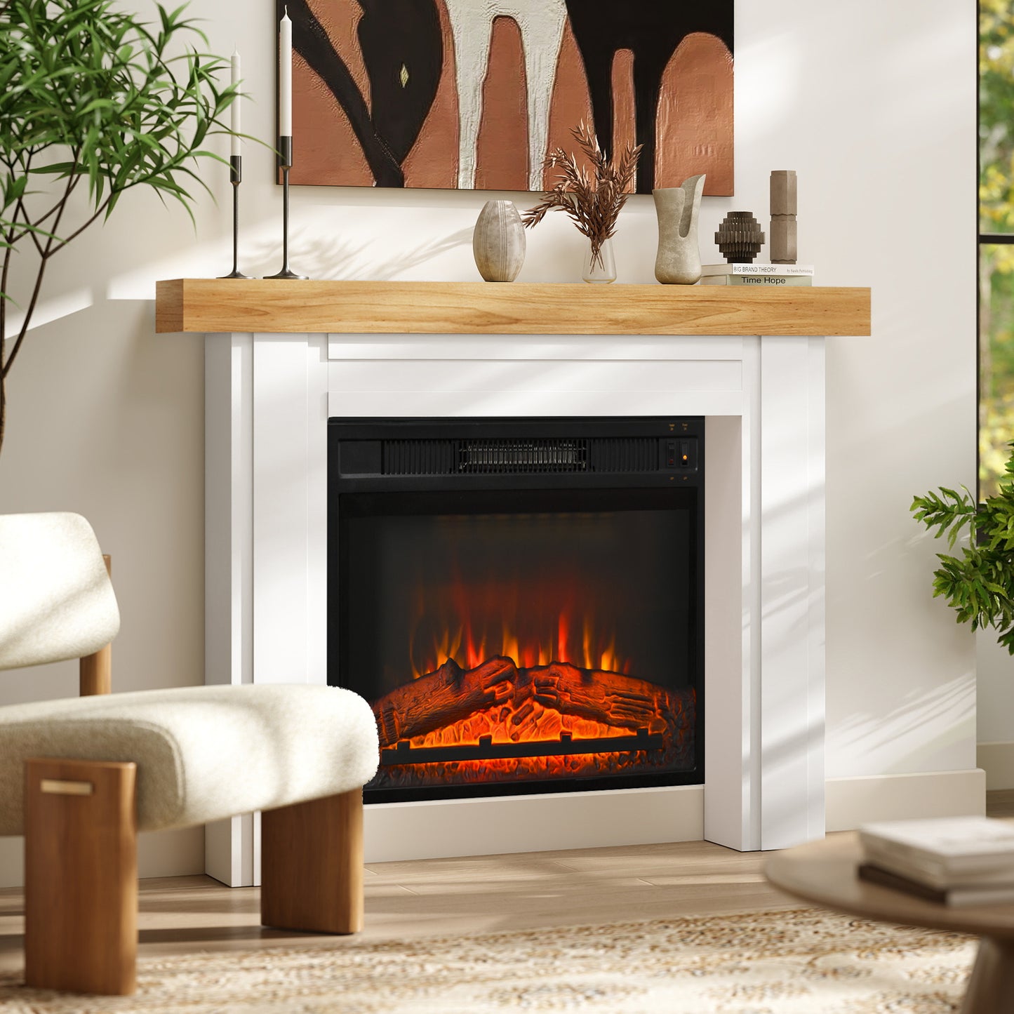 Freestanding Fireplace Mantel Natural Wood for Electric Fireplaces - 51.2" W x 40.6" H
