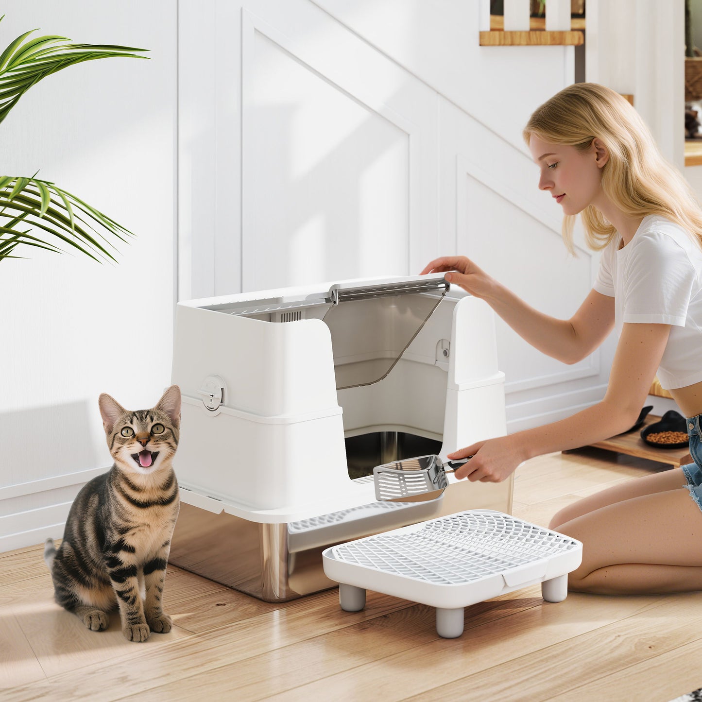 XL Stainless Steel Cat Litter Box with Flip Top & Side Entry - Large Enclosed Pet Toilet