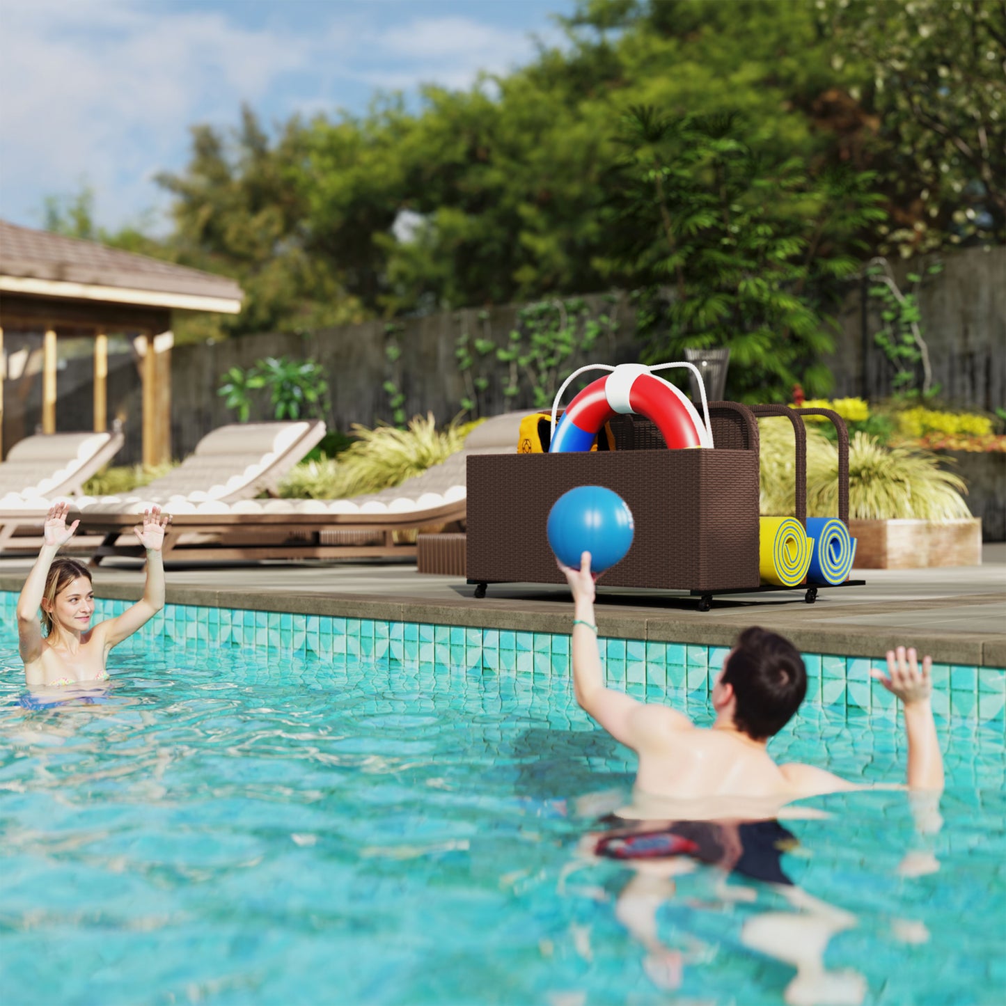 Rattan Pool Float Storage Organizer with Wheels - Brown