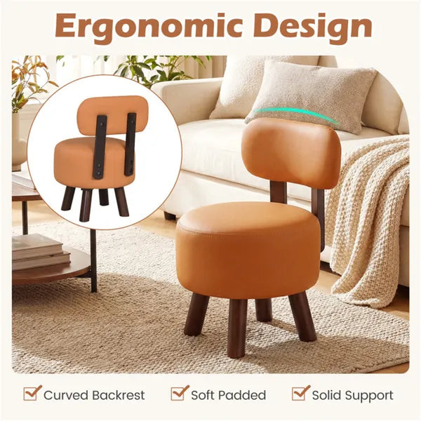 2-Piece Small Orange Footstools - Faux Leather & Rubber Wood