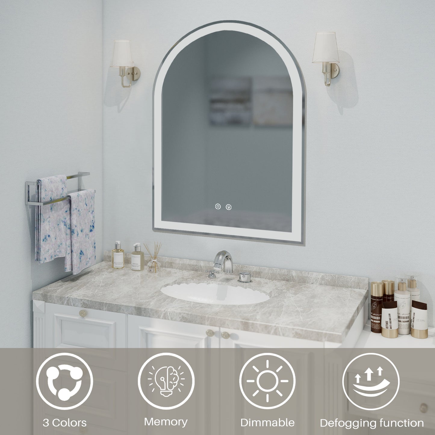 Smart Anti-Fog LED Bathroom Mirror - Arch Shape, Dual Light, 3 Color Temperatures, Memory Dimming