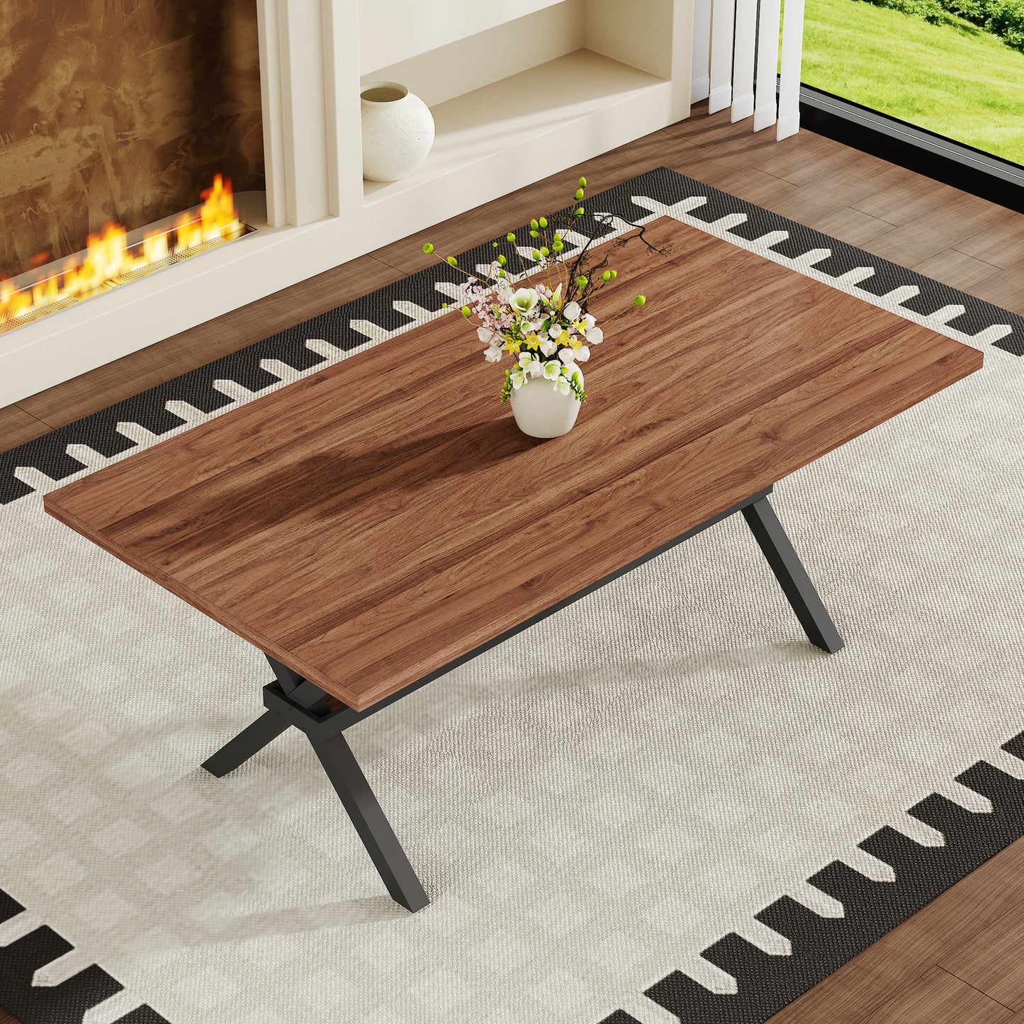 71 X35.4 Inch Walnut MDF Splicing Desktop With X-shaped Metal Frame