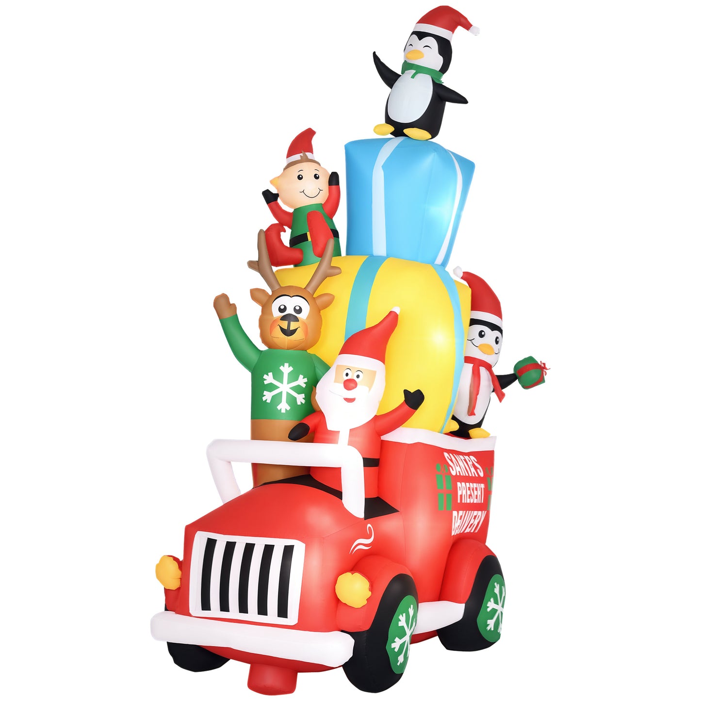 9ft Inflatable Santa Claus Gift Car with Elf, Elk & Penguins