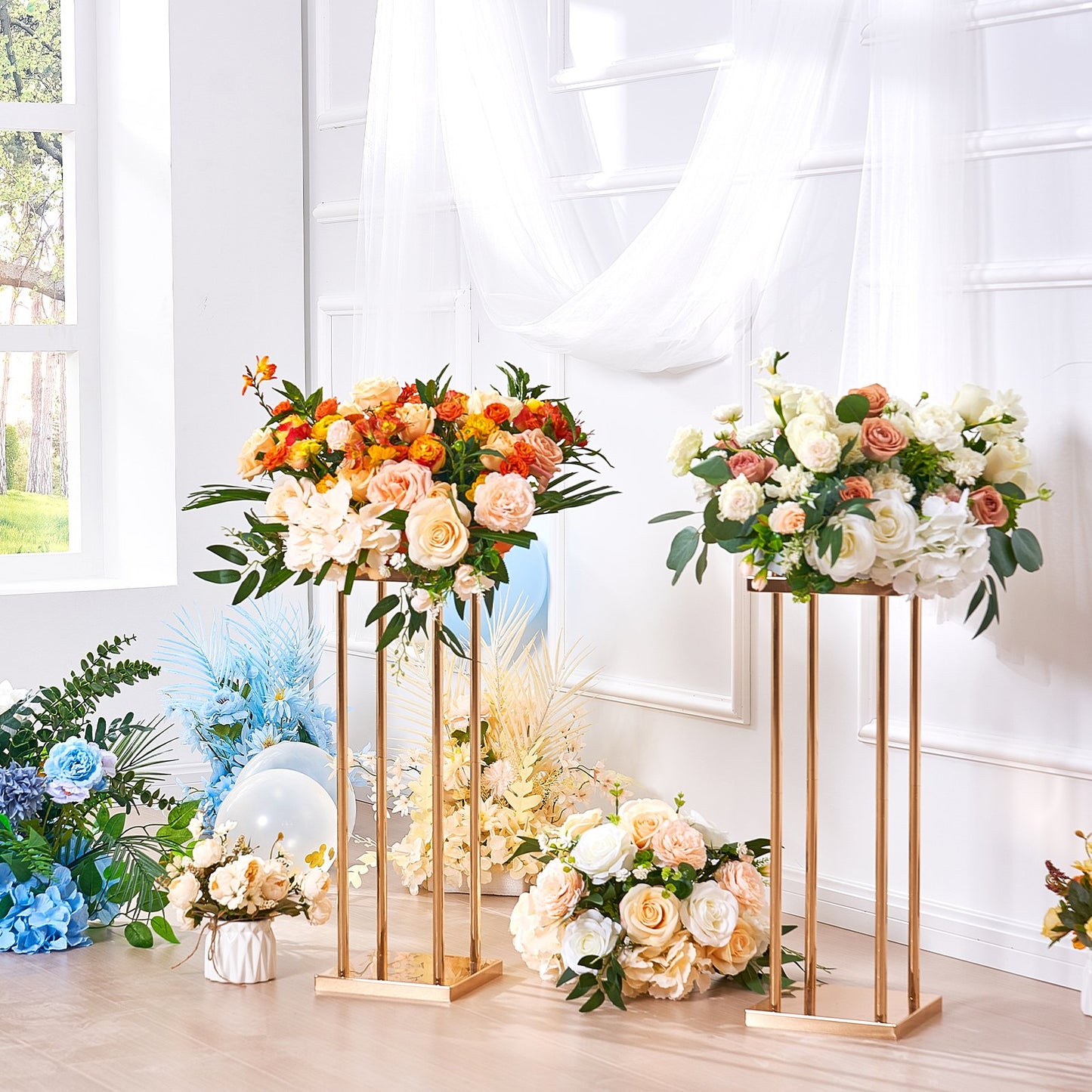 Set of 4 Gold Metal Wedding Flower Stands - 23.6 Inch Tall Cylindrical Floral Display Racks