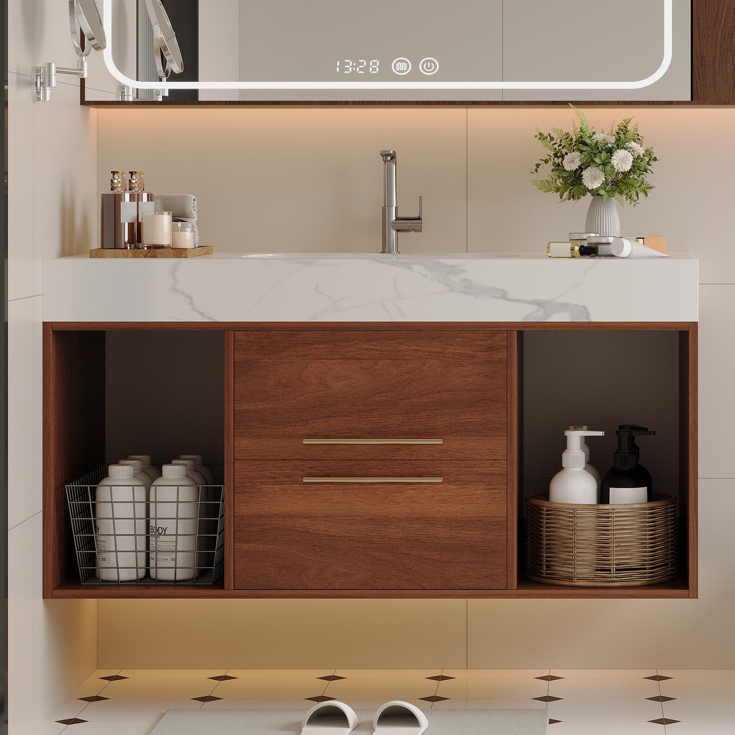 39.4" Floating Bathroom Vanity with Ceramic Sink & 2 Drawers - Walnut/White