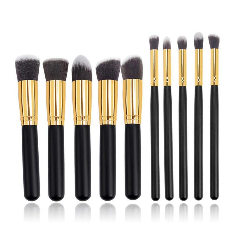 10-Piece Makeup Brush Set with Black, Silver, Gold Handles - Professional Cosmetic Tools