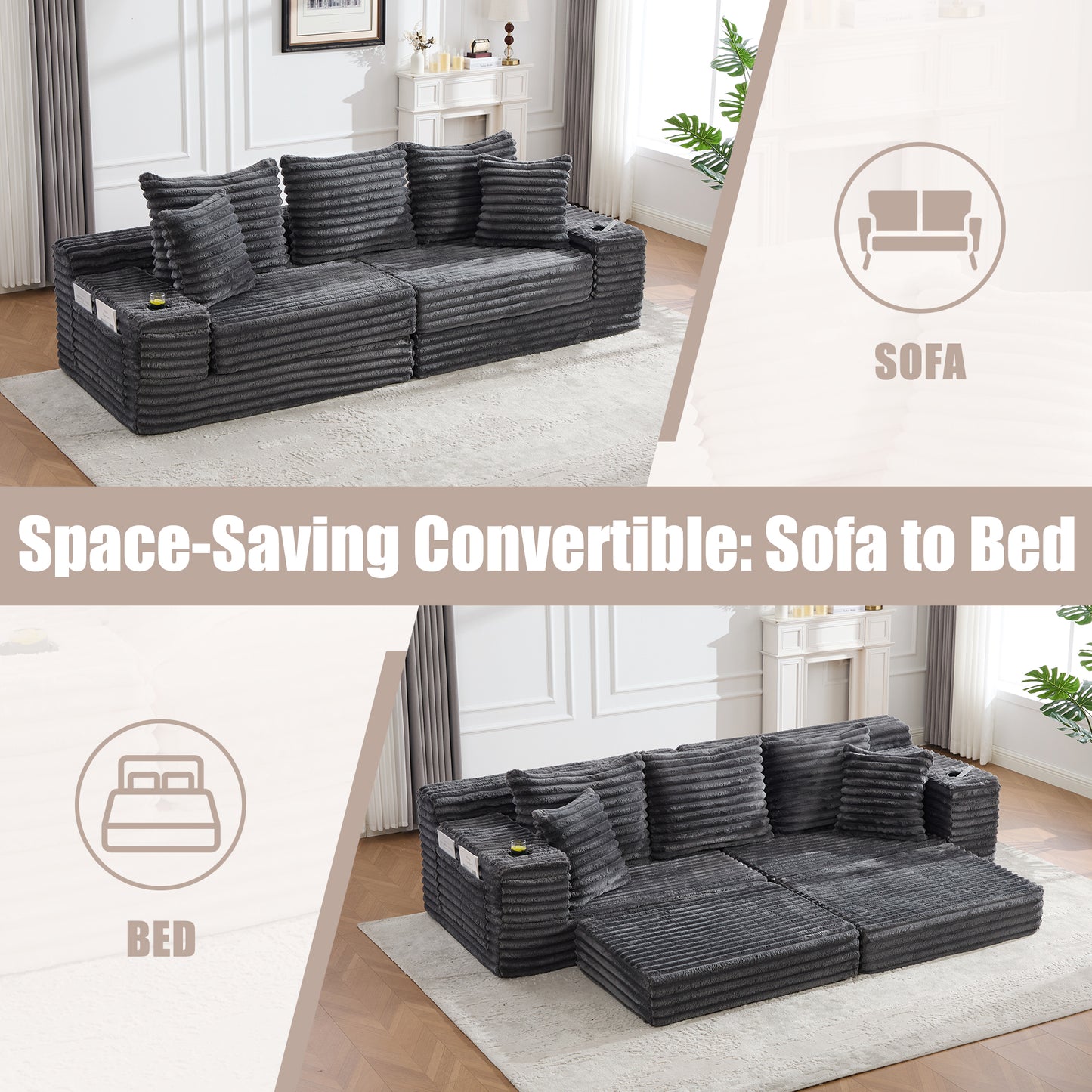 Oversized Corduroy Sofa Bed with Cup Holder & Pillows - Dark Gray