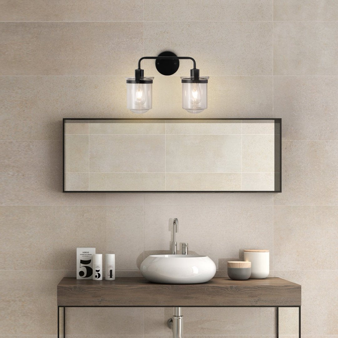 Modern Black Wall Sconce Light with Clear Glass Shade - Indoor Indoor Fixture for Bathroom Bedroom Living Room Kitchen Sink - E26 Socket