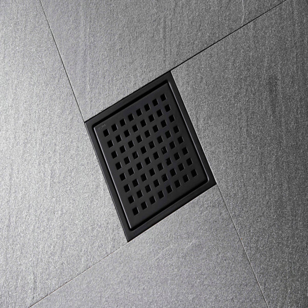 6 Inch Square Shower Drain with Removable Grate Stainless Steel Hair Strainer Matte Black