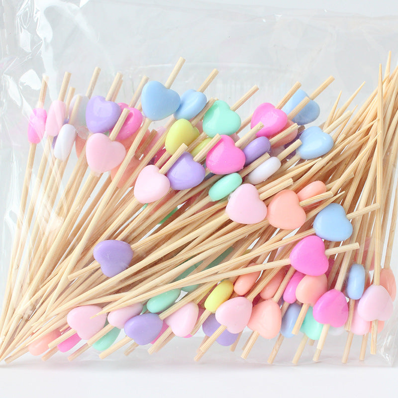 Set of 100 Bamboo Fruit Toothpicks with Colorful Star and Flower Designs, 12cm