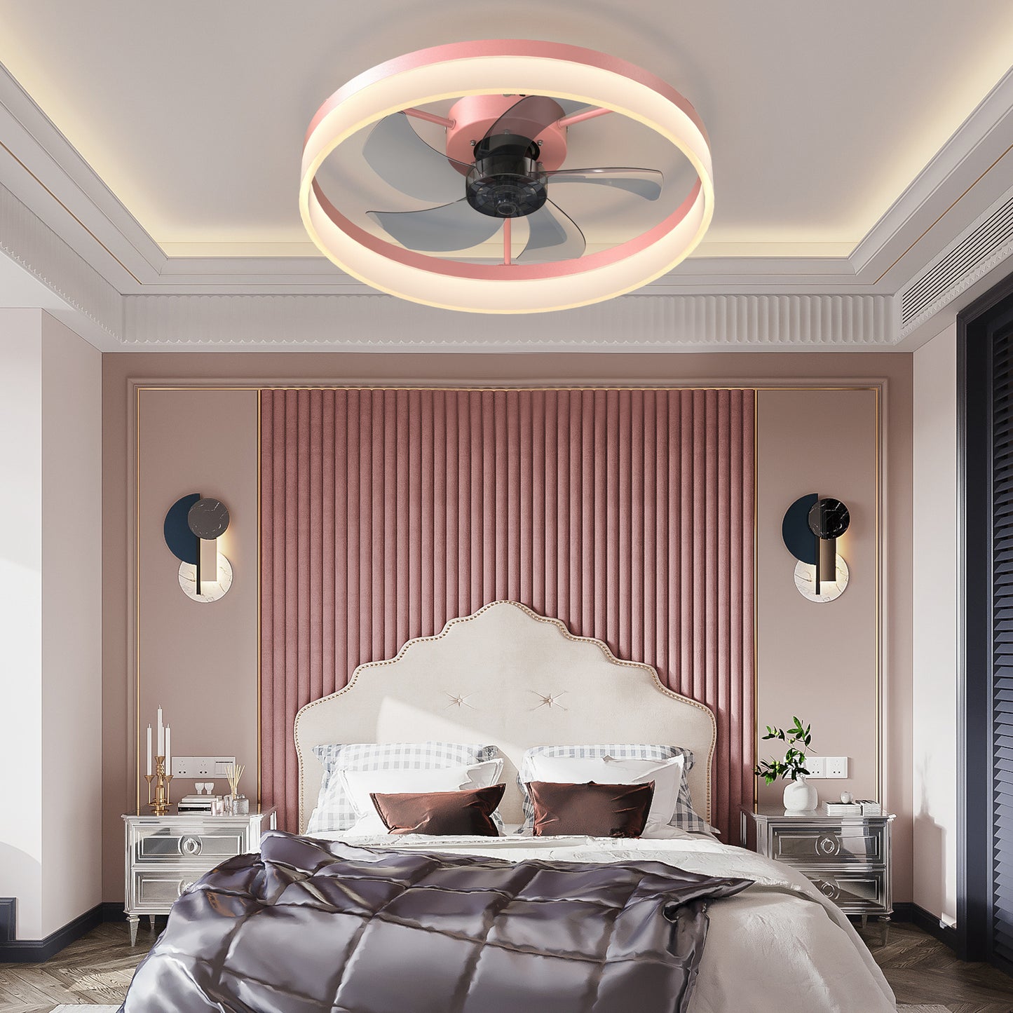 Dimmable LED Ceiling Fan with Lights - Modern Thin Design, Pink