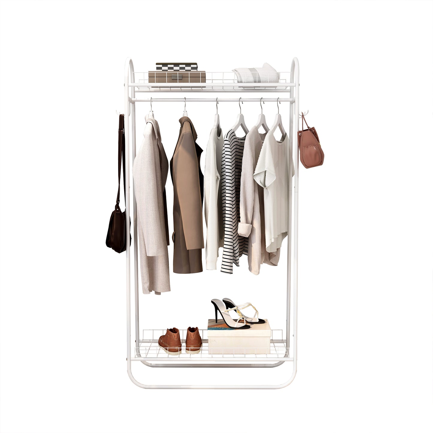 Heavy Duty Freestanding Clothes Rack with Double Shelves - White