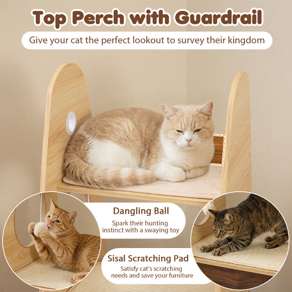 Large 47-Inch Wooden Cat Tree with Scratching Pad and Multi-Level Playhouse - Natural & White