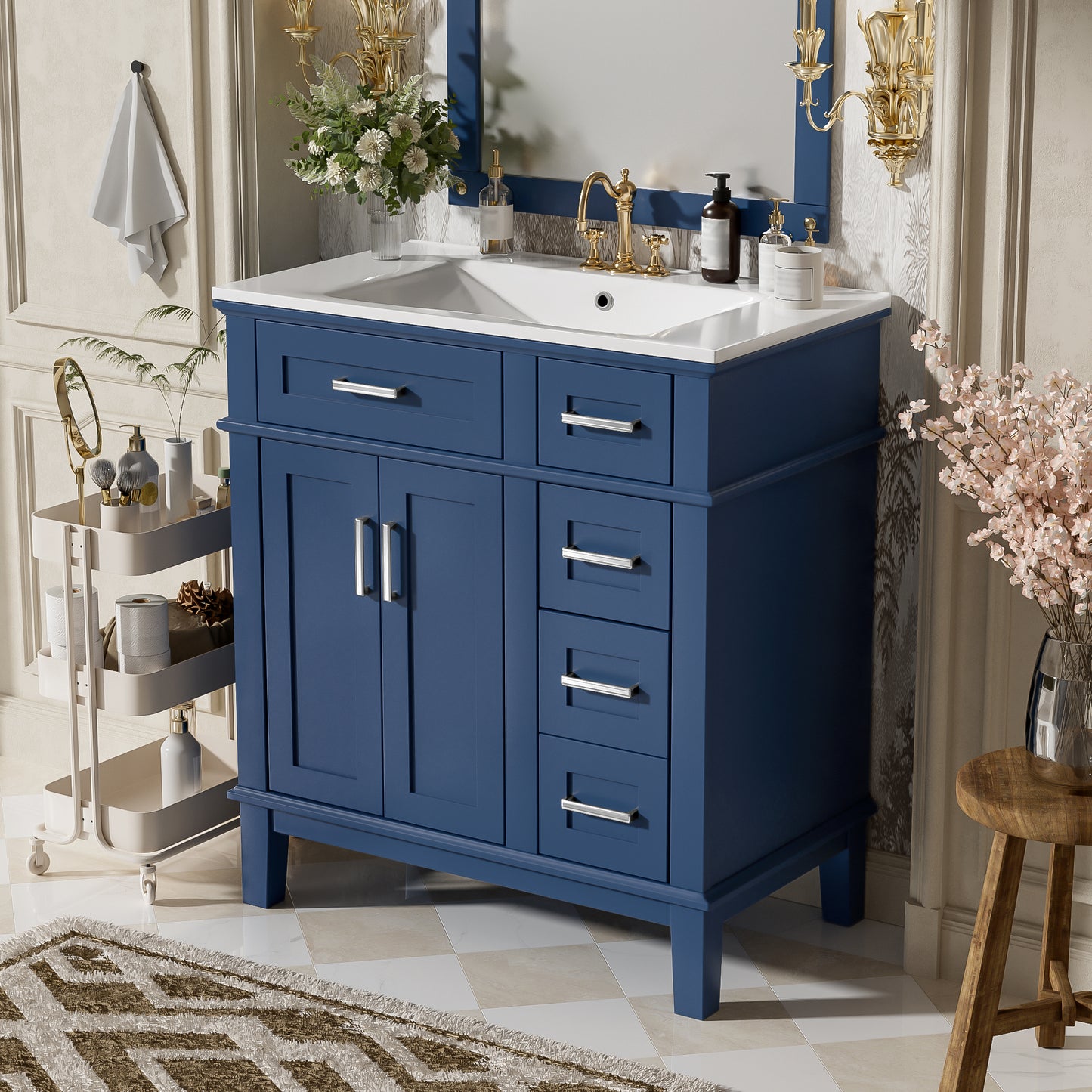 30" Blue Bathroom Vanity with Ceramic Sink & Soft-Close Doors
