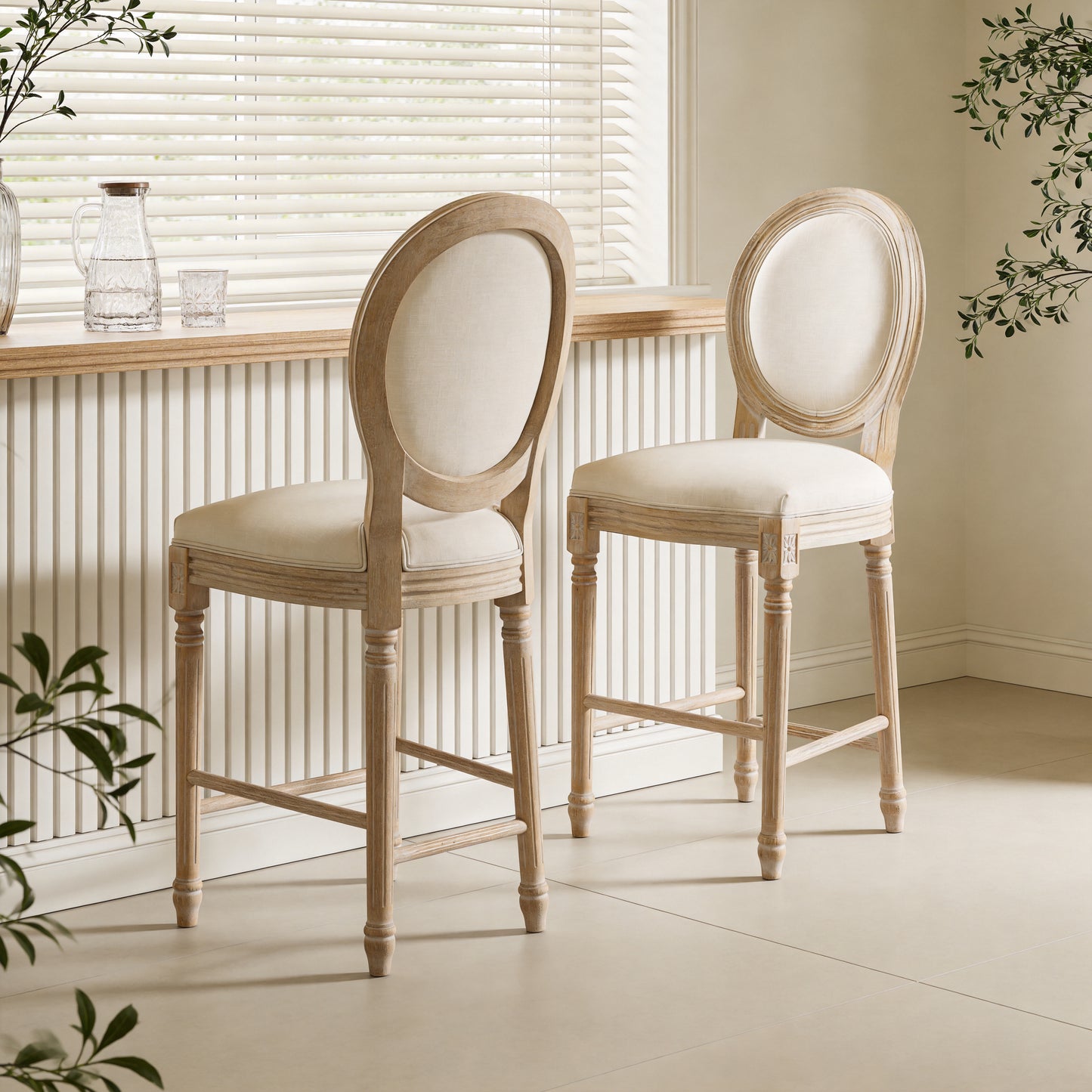French Country Bar Chairs Set of 2 - Upholstered, Round Back, Beige