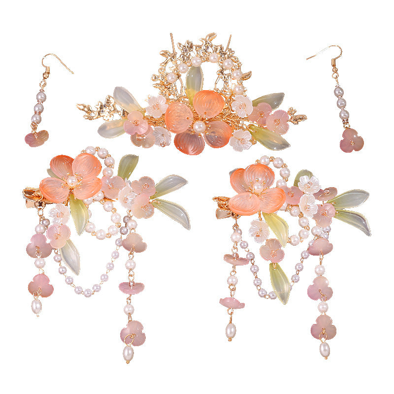 Vintage Flower Hairpin Set with Tassel - Pink