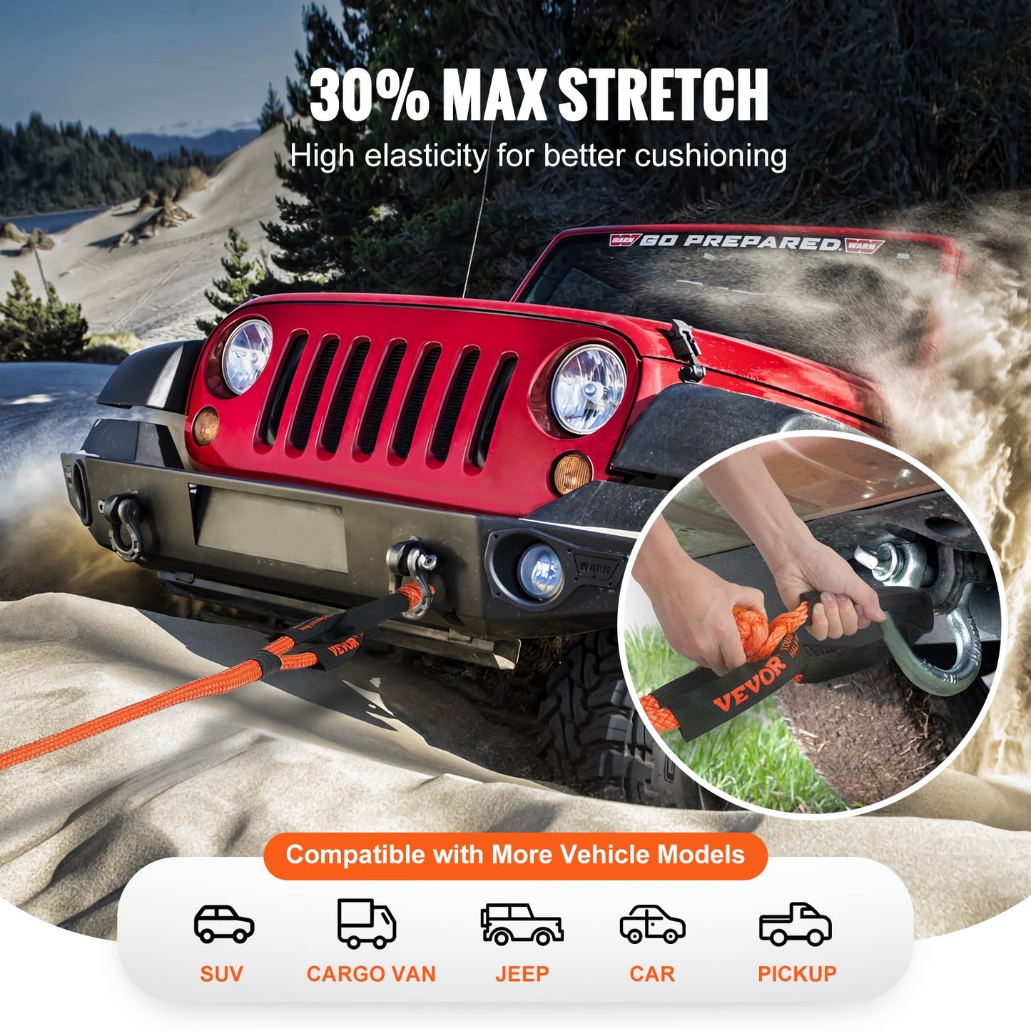 Heavy-Duty Off-Road Tow Rope 30ft 30,580lbs Break Strength with Soft Shackles