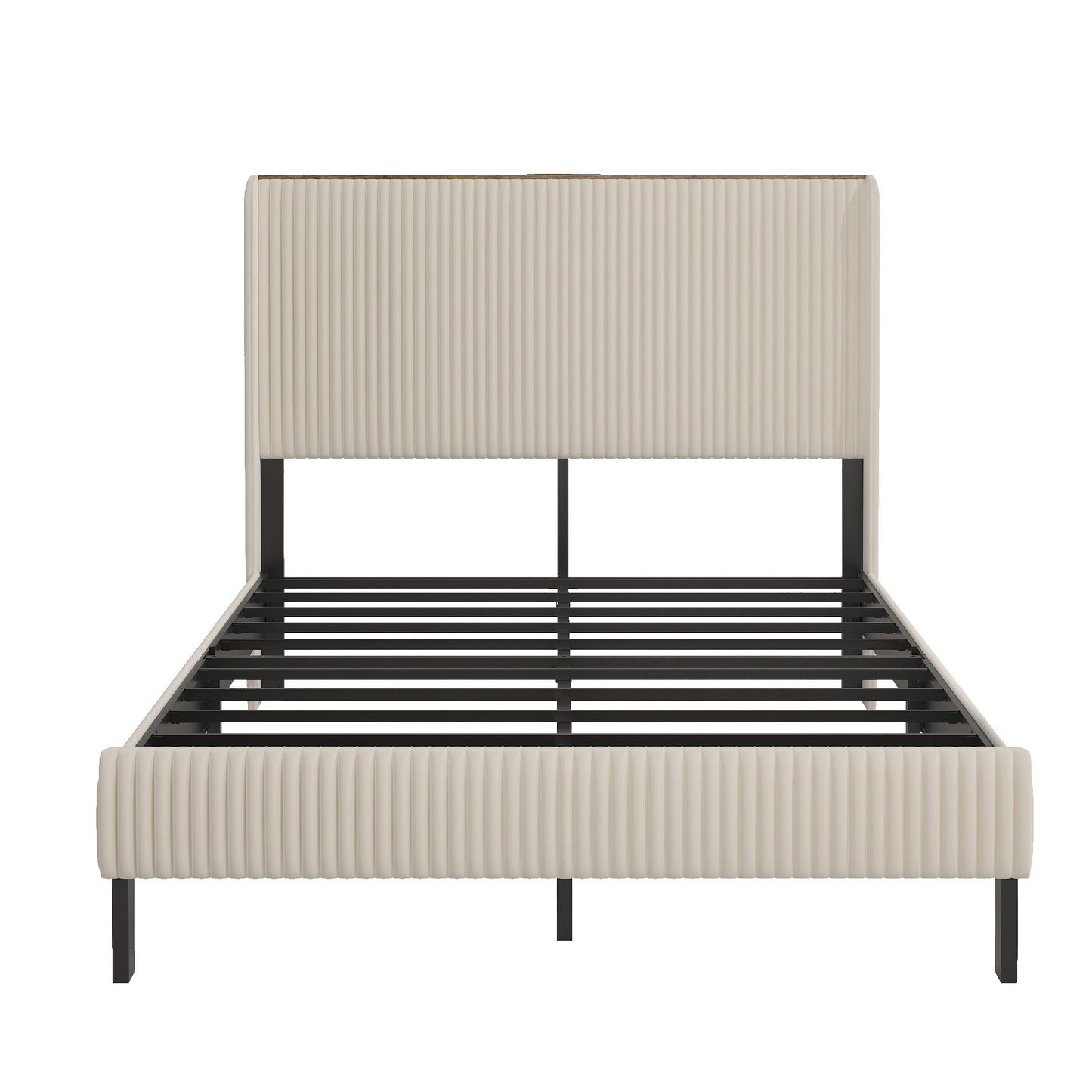 Full Metal Platform Bed Frame with Charging Station - Beige