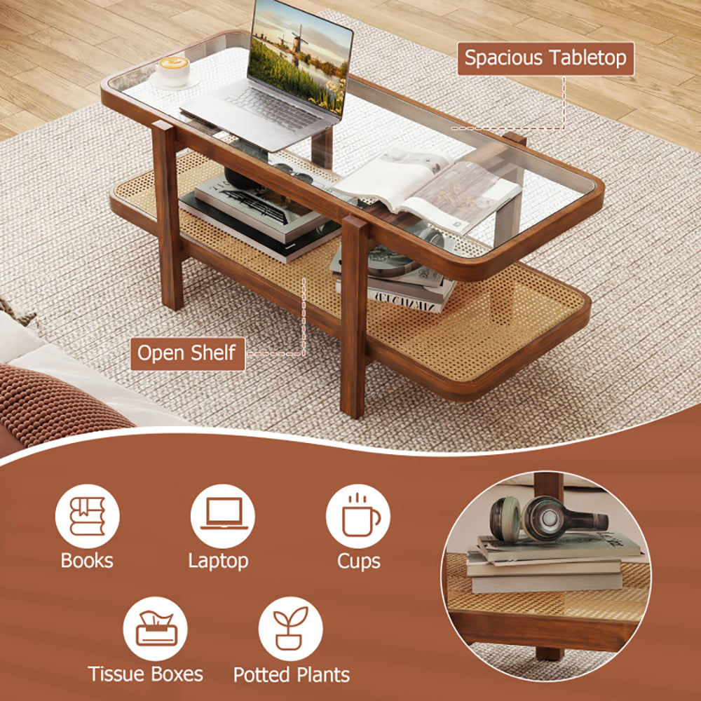 2-Tier Coffee Table With Storage And Tempered Glass Tabletop PE