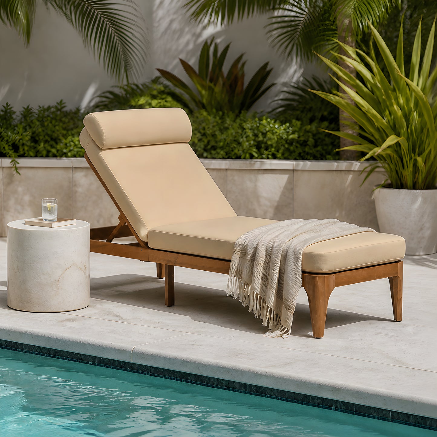 Acacia Wood Outdoor Chaise Lounge Chair with Adjustable Backrest
