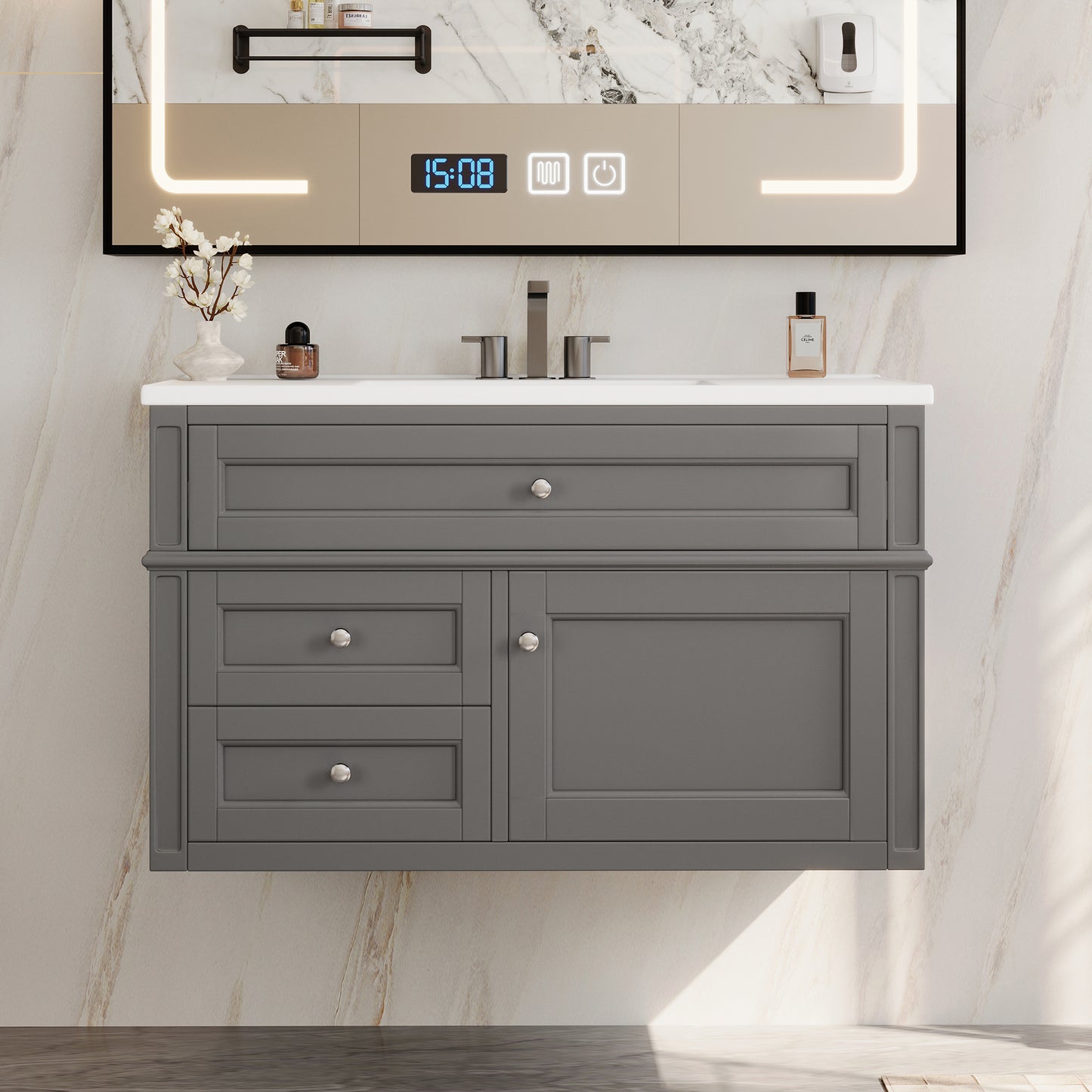 36-Inch Wall-Mounted Bathroom Vanity with Ceramic Sink & Drawers - Gray