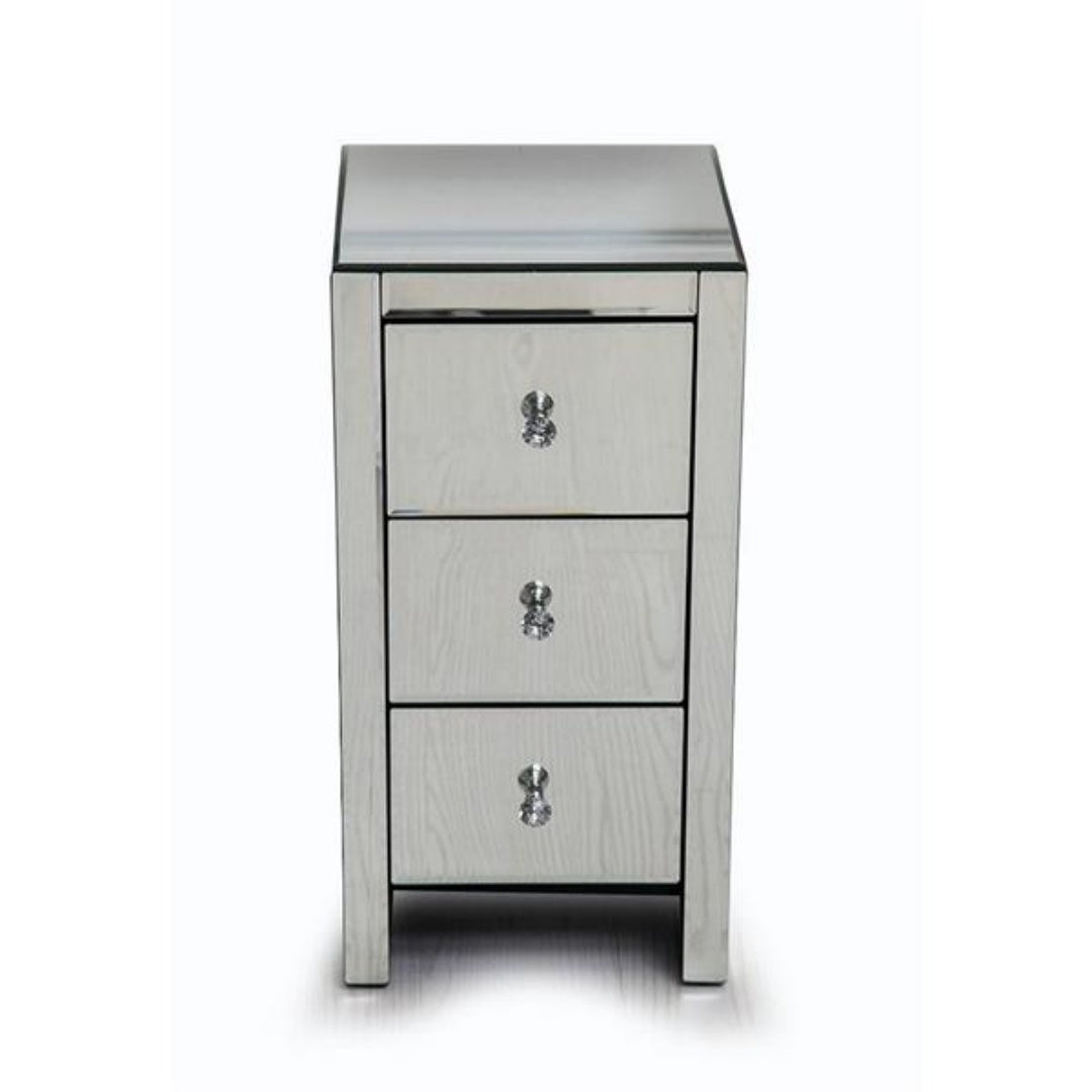 Mirrored Glass Bedside Table with 3 Drawers - Silver