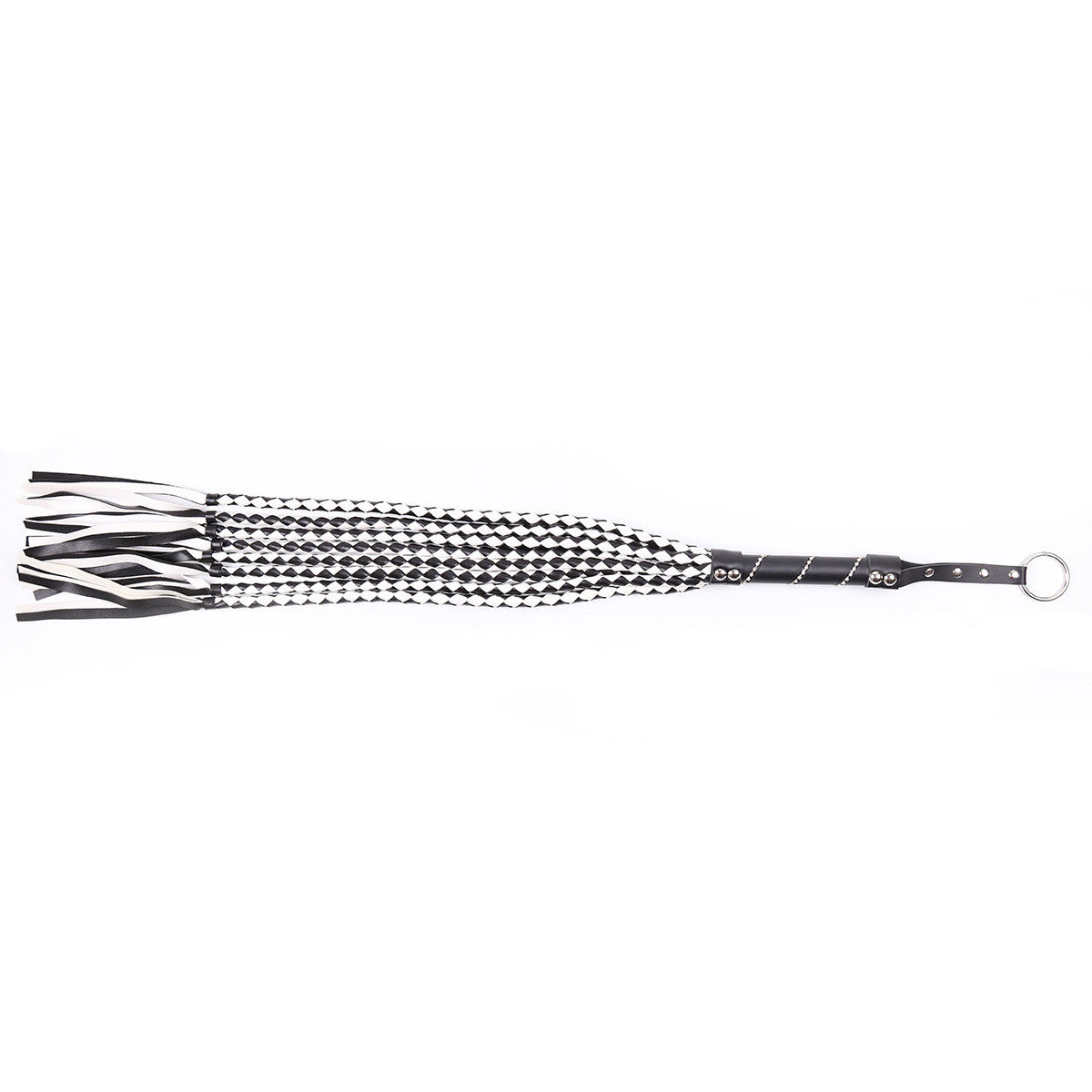 Leather Handle Sex Toy Whip with Braided Black and White Design - 88cm Length