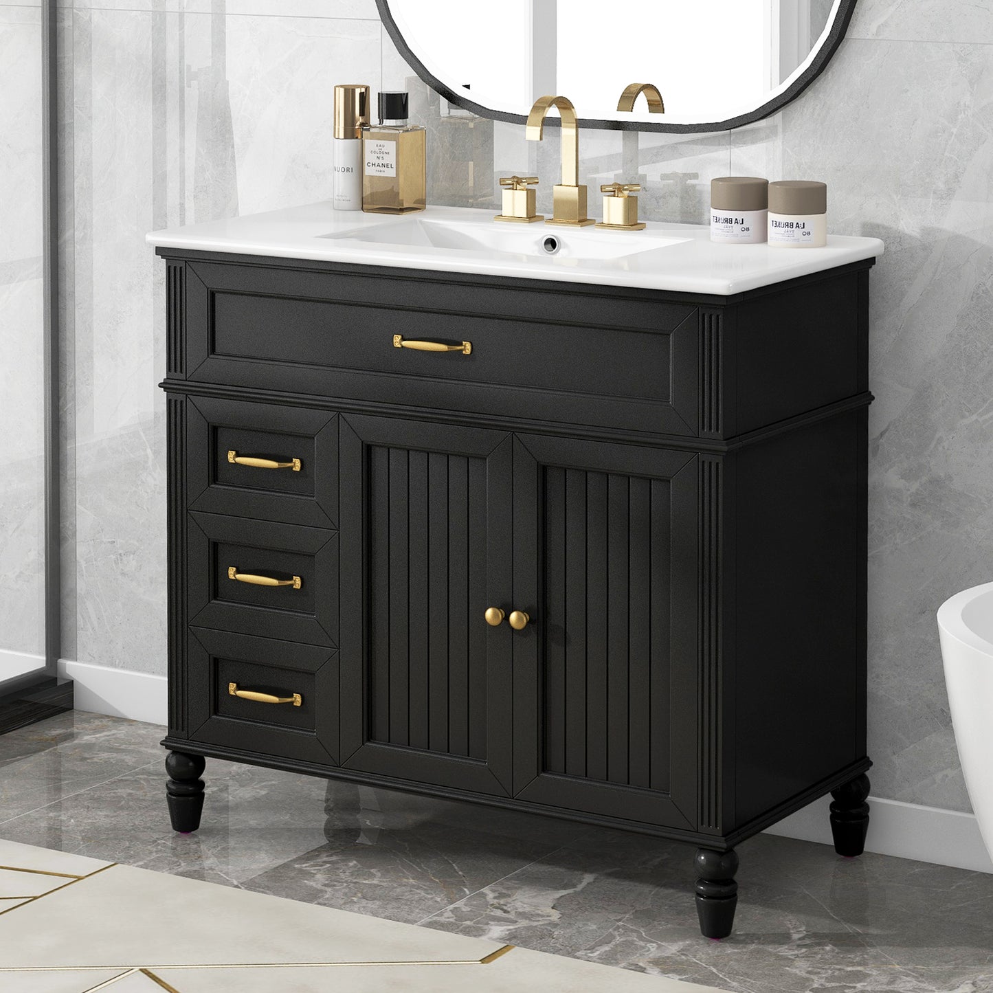 36-Inch Bathroom Vanity with Sink & Drawers - Black