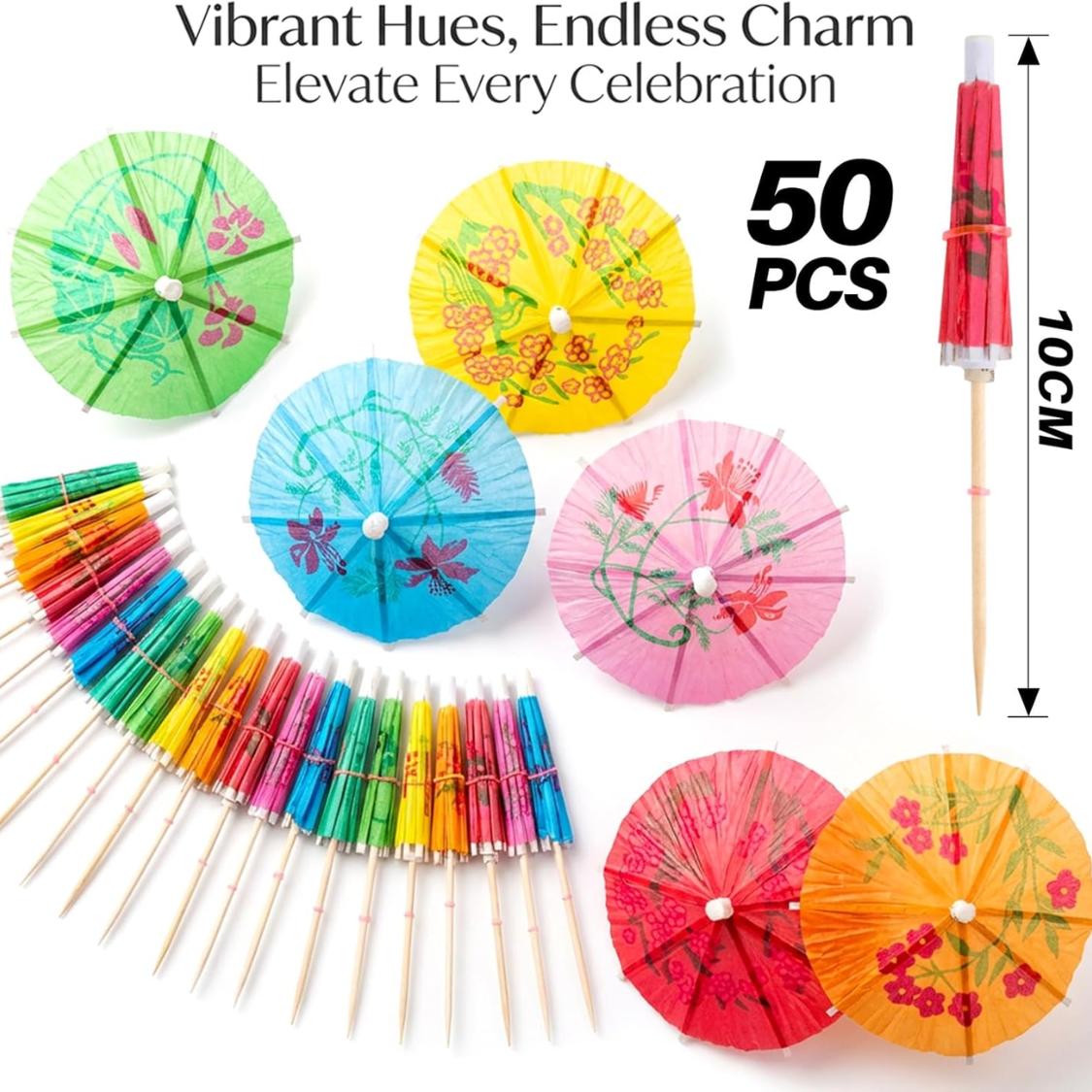 Colorful Umbrella Toothpicks - 50 Tropical Cocktail Picks