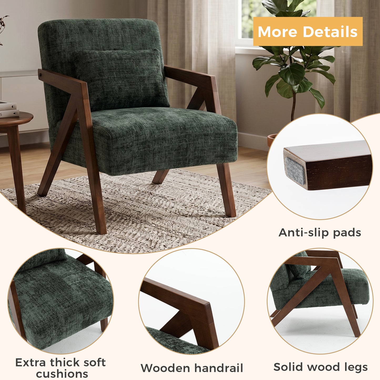 Mid-Century Modern Accent Chair - Dark Green Chenille Upholstered