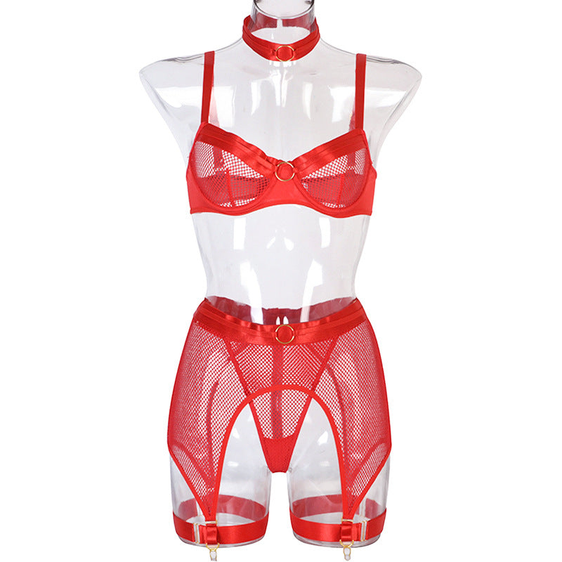 Women's Mesh Stitching Underwear Set with Garter Belt and Halterneck