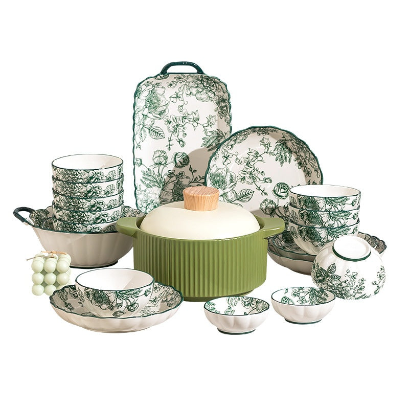 European-Style Porcelain Dinnerware Set with Rice Bowls & Plates - Rose Manor