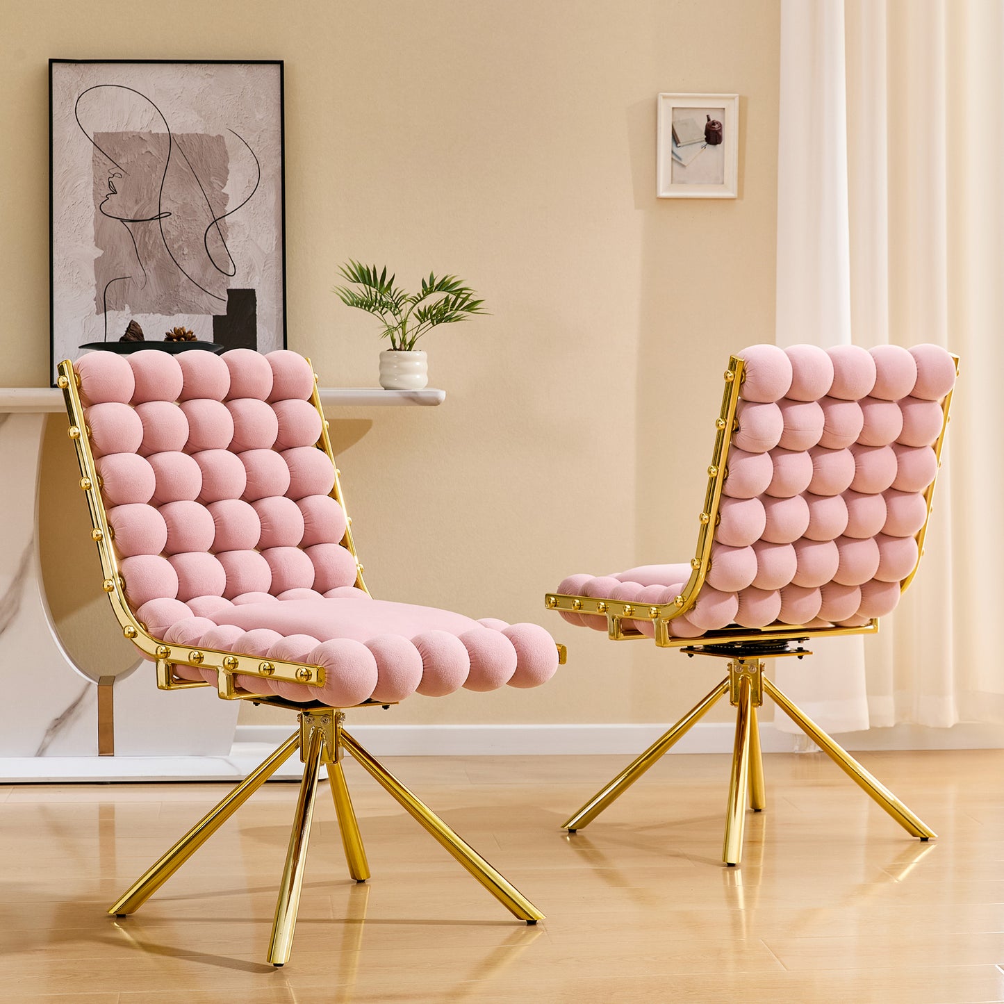 Set of 2 Plush Velvet Pink Bubble Tufted Accent Chairs - Gold Legs