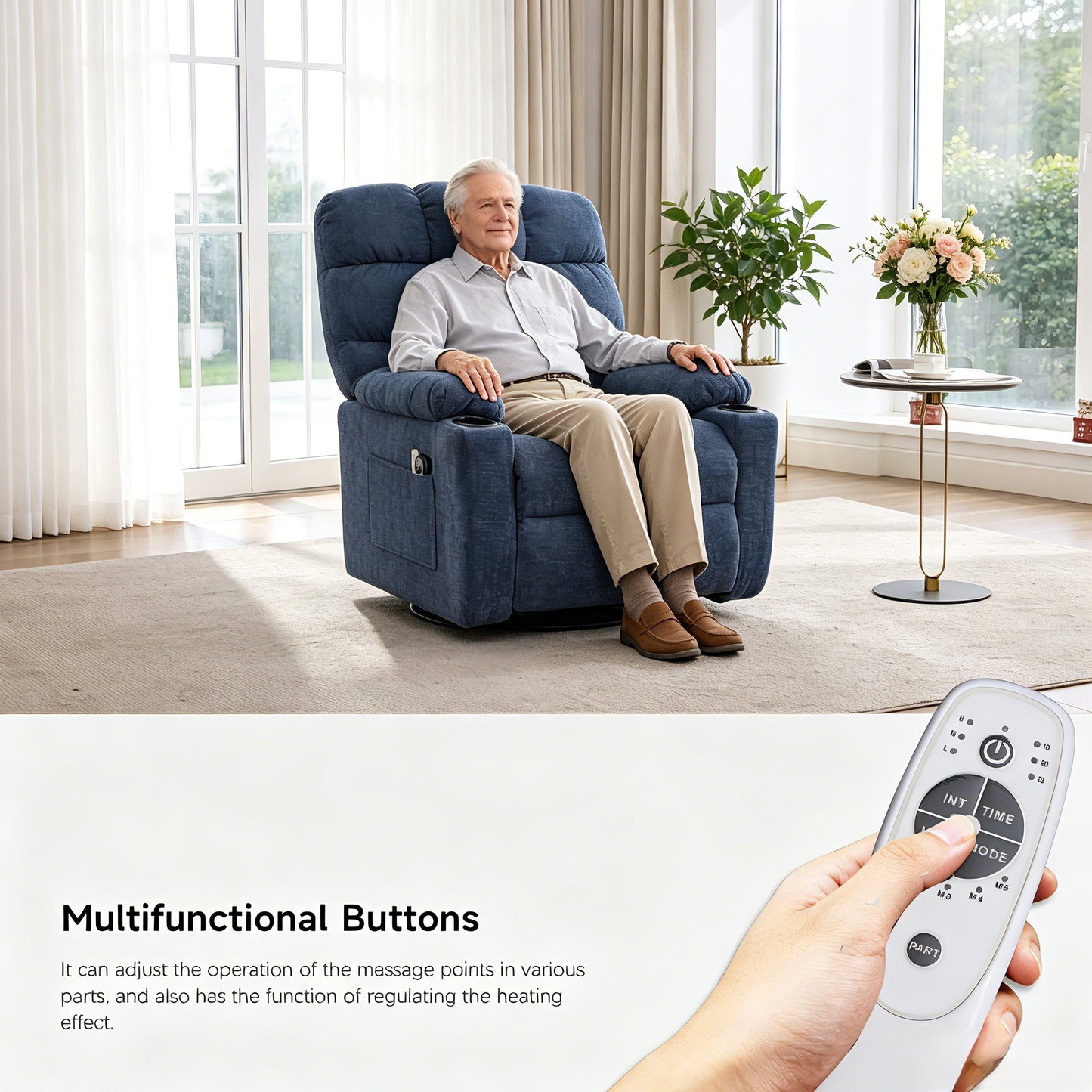 Power Lift Recliner Chair with Heat, Massage & Cup Holders - Blue