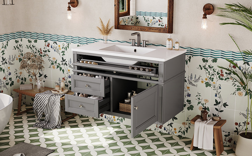 36-Inch Wall-Mounted Bathroom Vanity with Ceramic Sink & Drawers - Gray