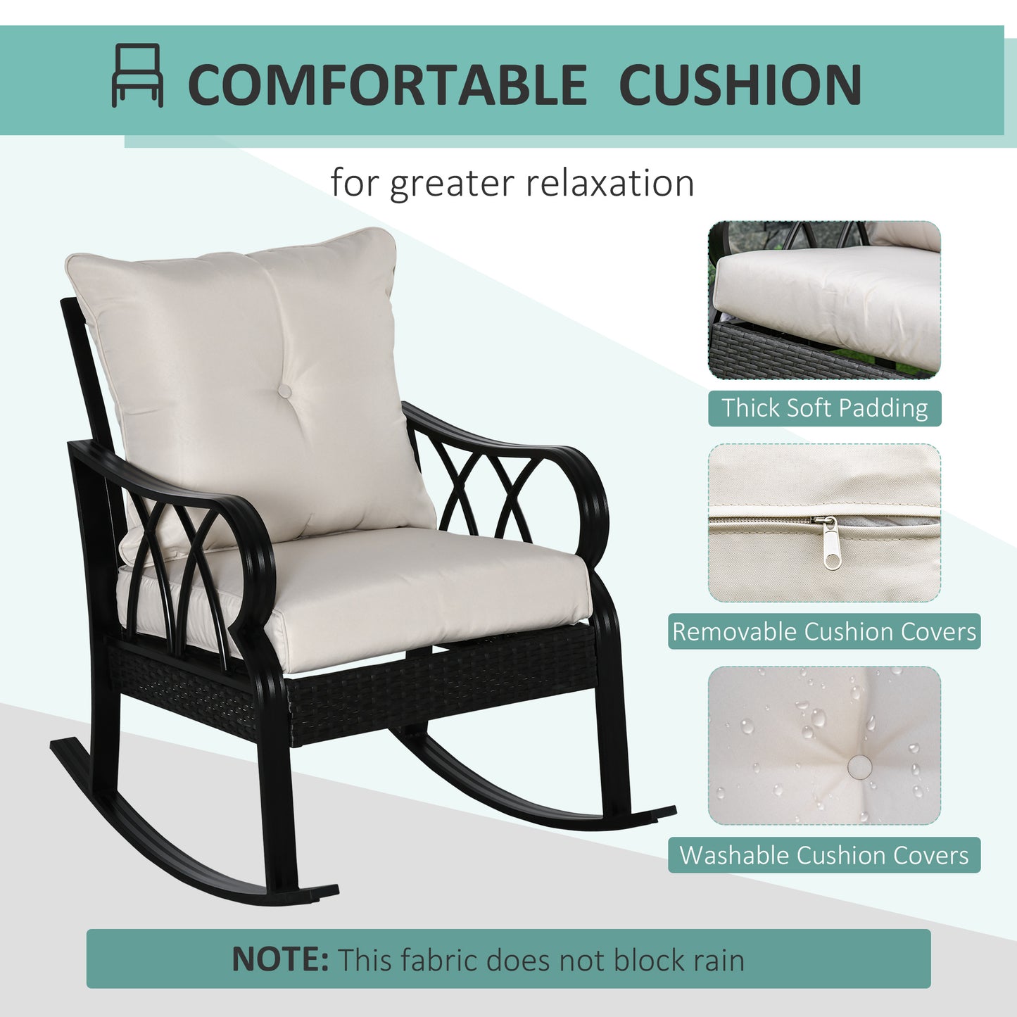 Outdoor Wicker Rocking Chair with Padded Cushions - Khaki