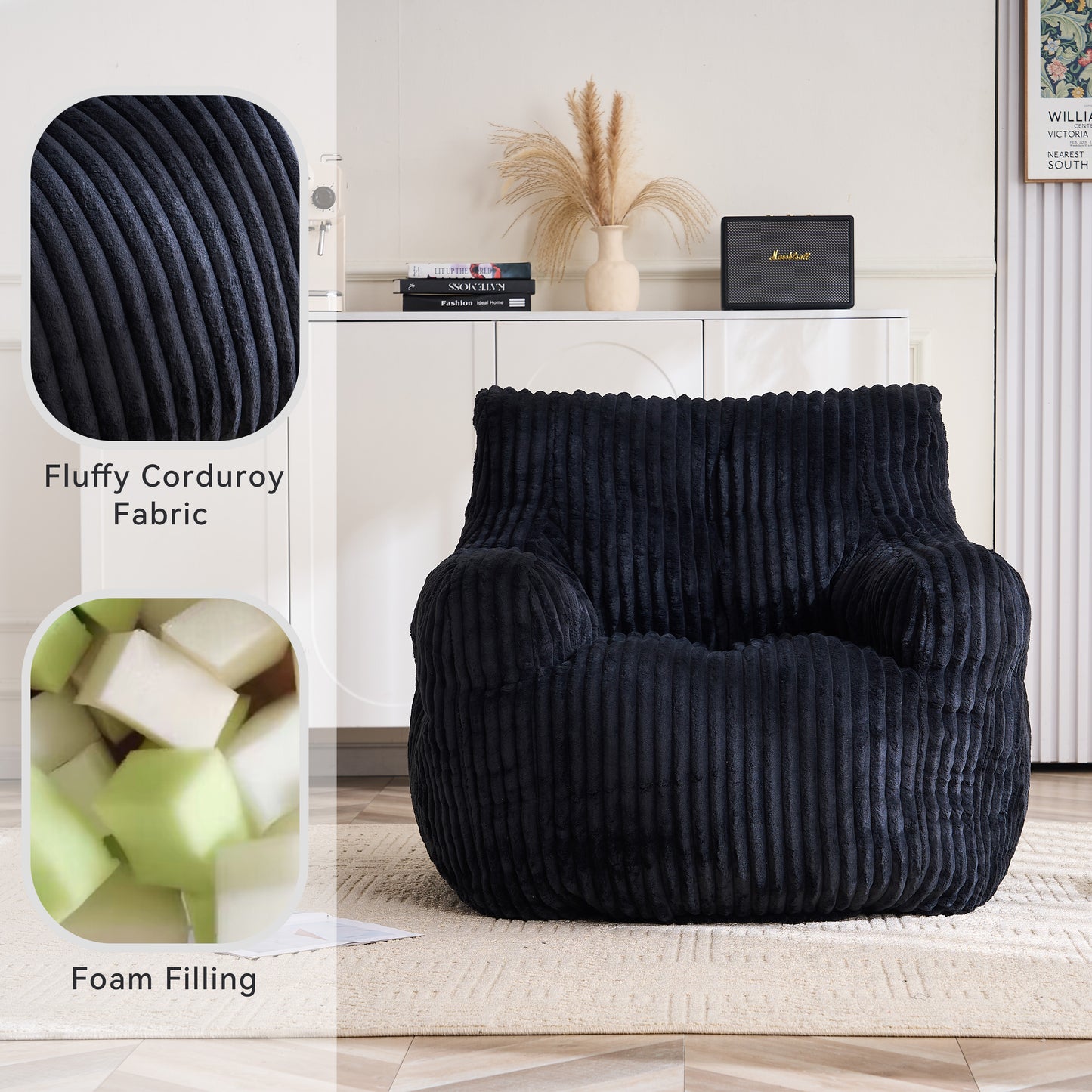 Soft Fluffy Corduroy Bean Bag Chair with Memory Foam - Black