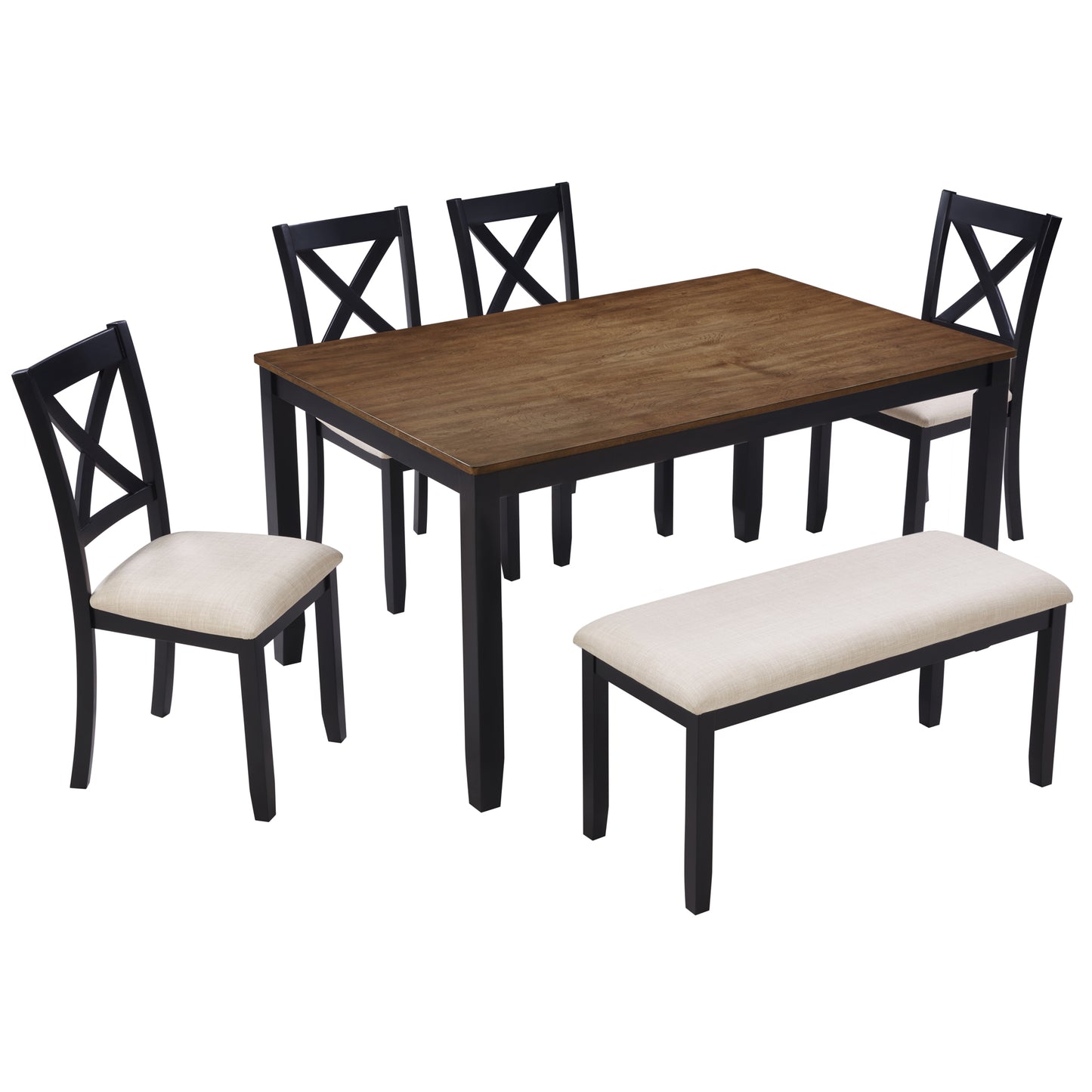 6-Piece Dining Table Set with Bench - Classic Black & Oak