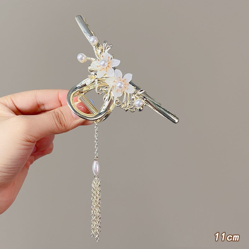 Antique Metal Hair Clip with Tassel & Pearl Detail