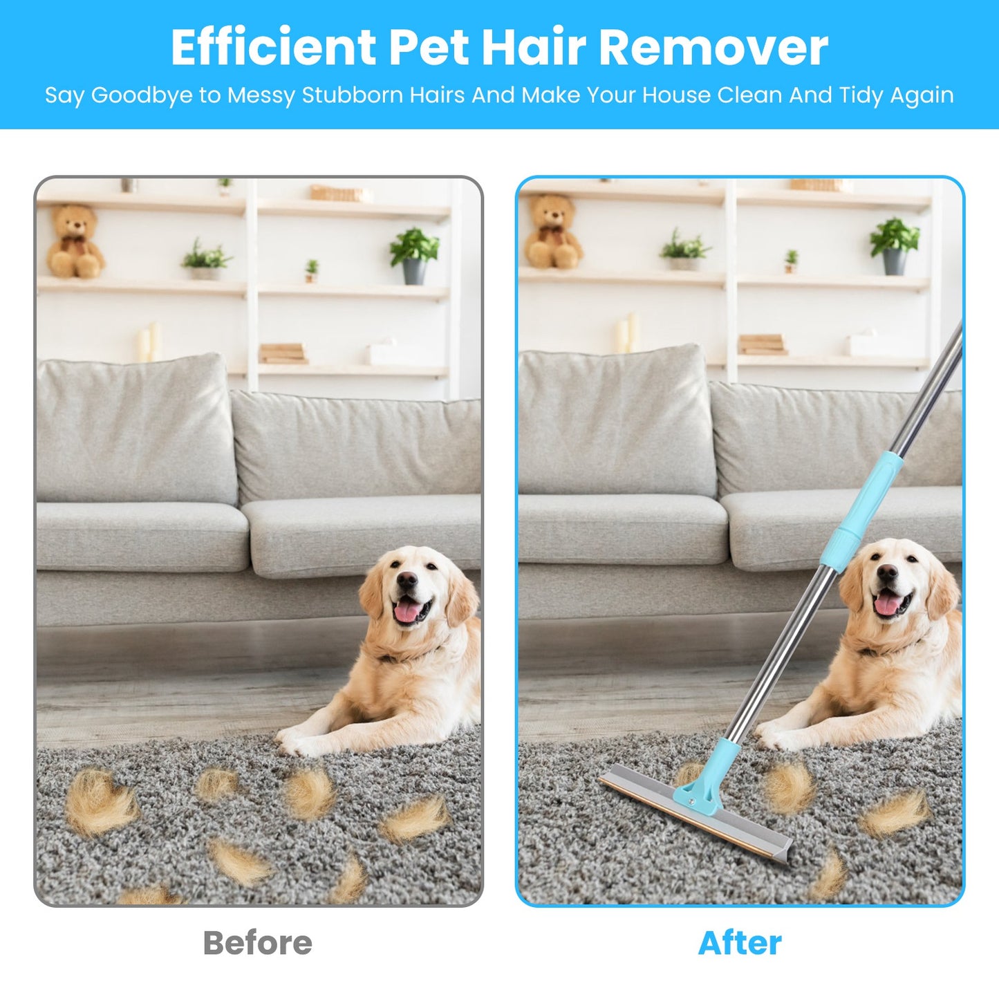 Pet Hair Removal Rake with Adjustable Telescopic Rod - Multi-Fabric Dog & Cat Hair Scraper