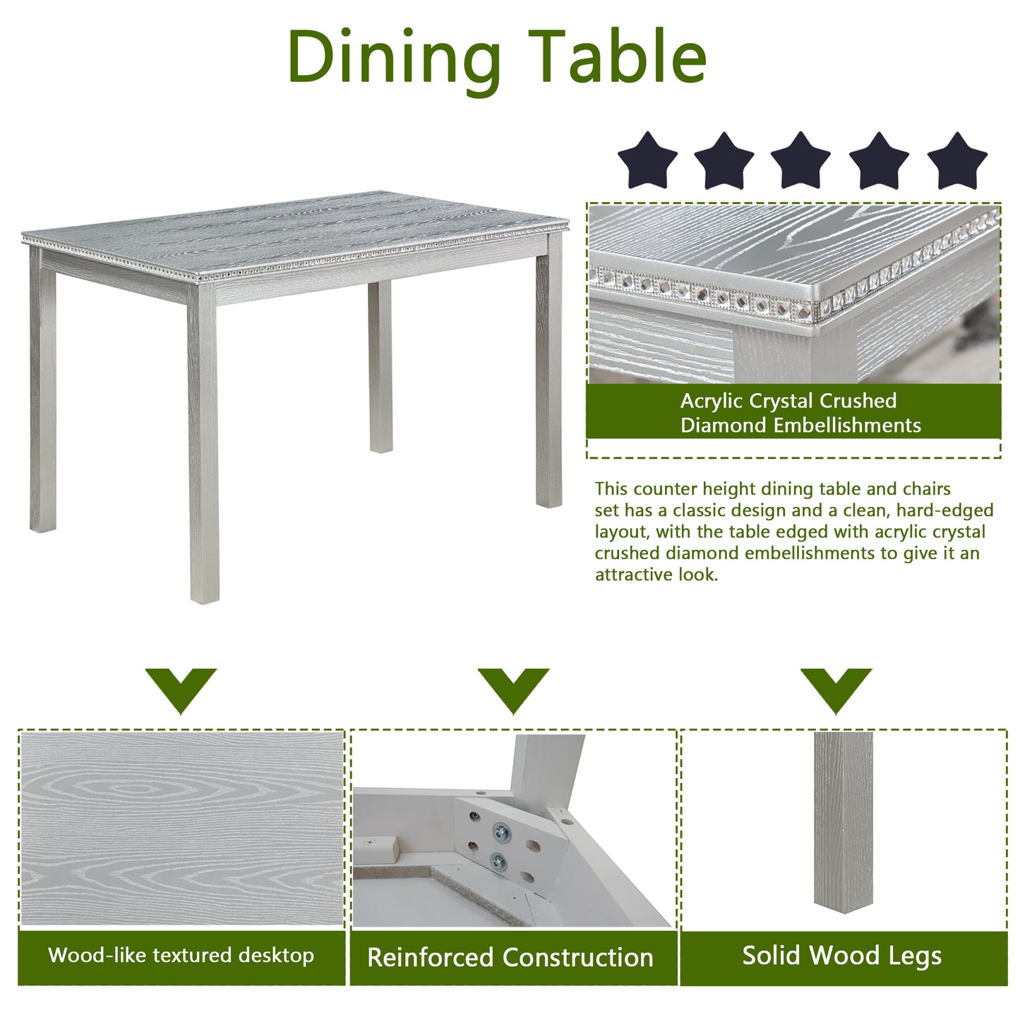 5-Piece Wooden Dining Table Set with Upholstered Chairs - Silver Grey