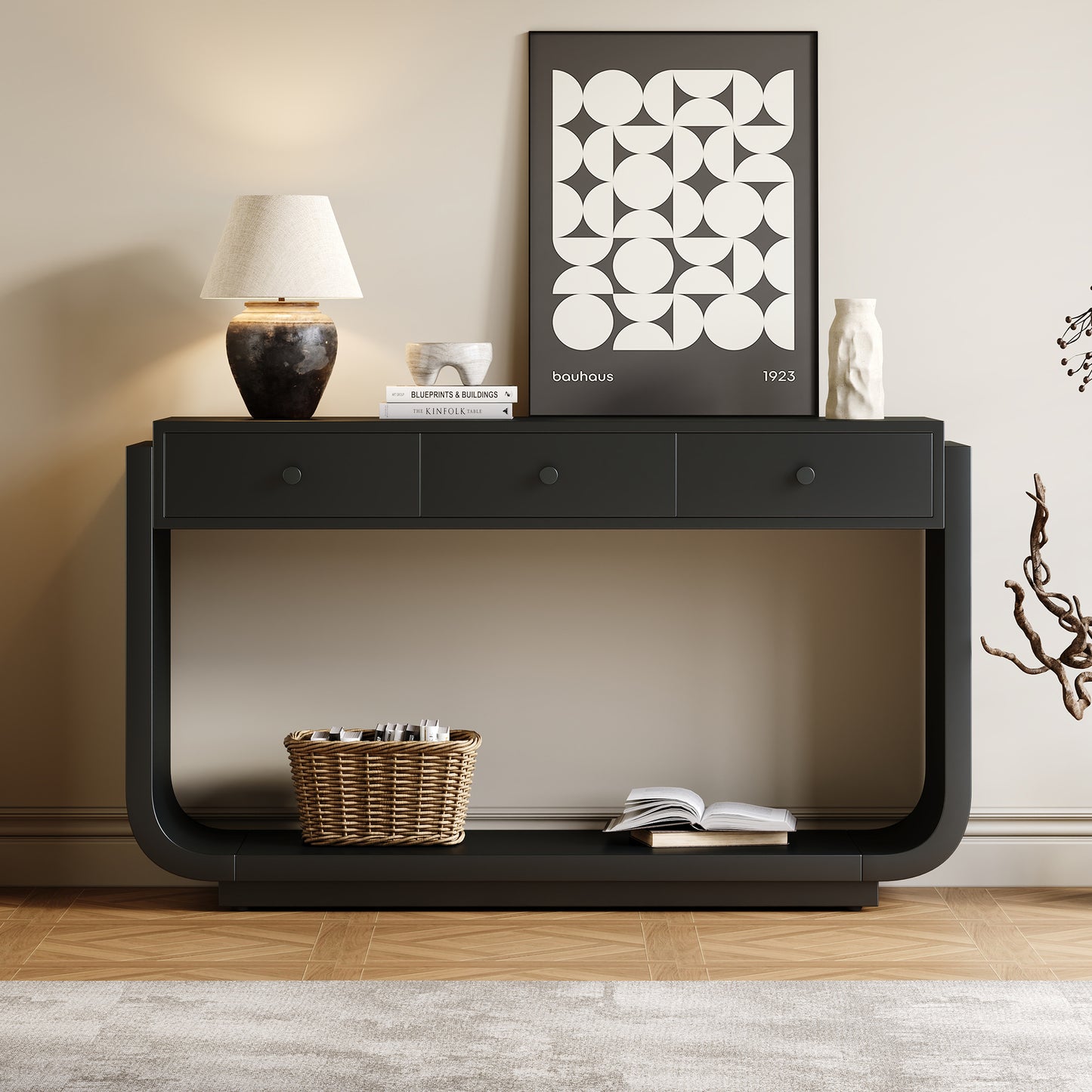 Classic Console Table with 3 Storage Drawers - Black