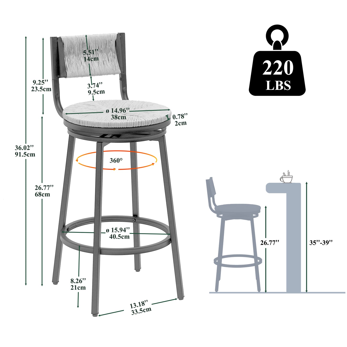 Honey Swivel Bar Stools - Set of 2 Handwoven Rustic Chairs